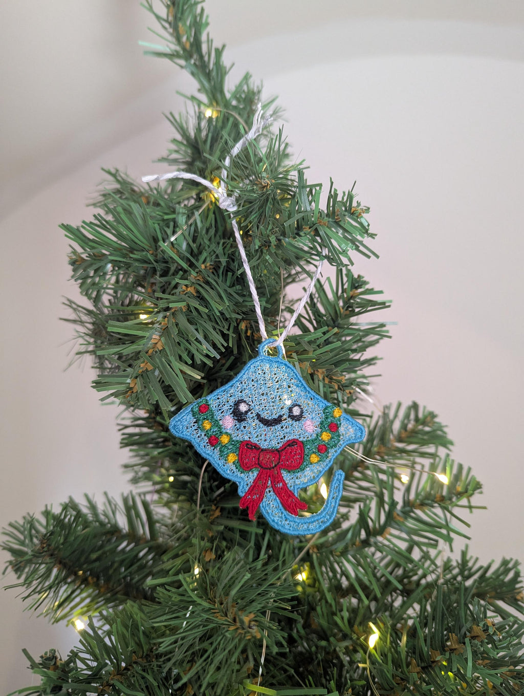 Embroidered hanging Ray for the christmas tree, fun playful decoration