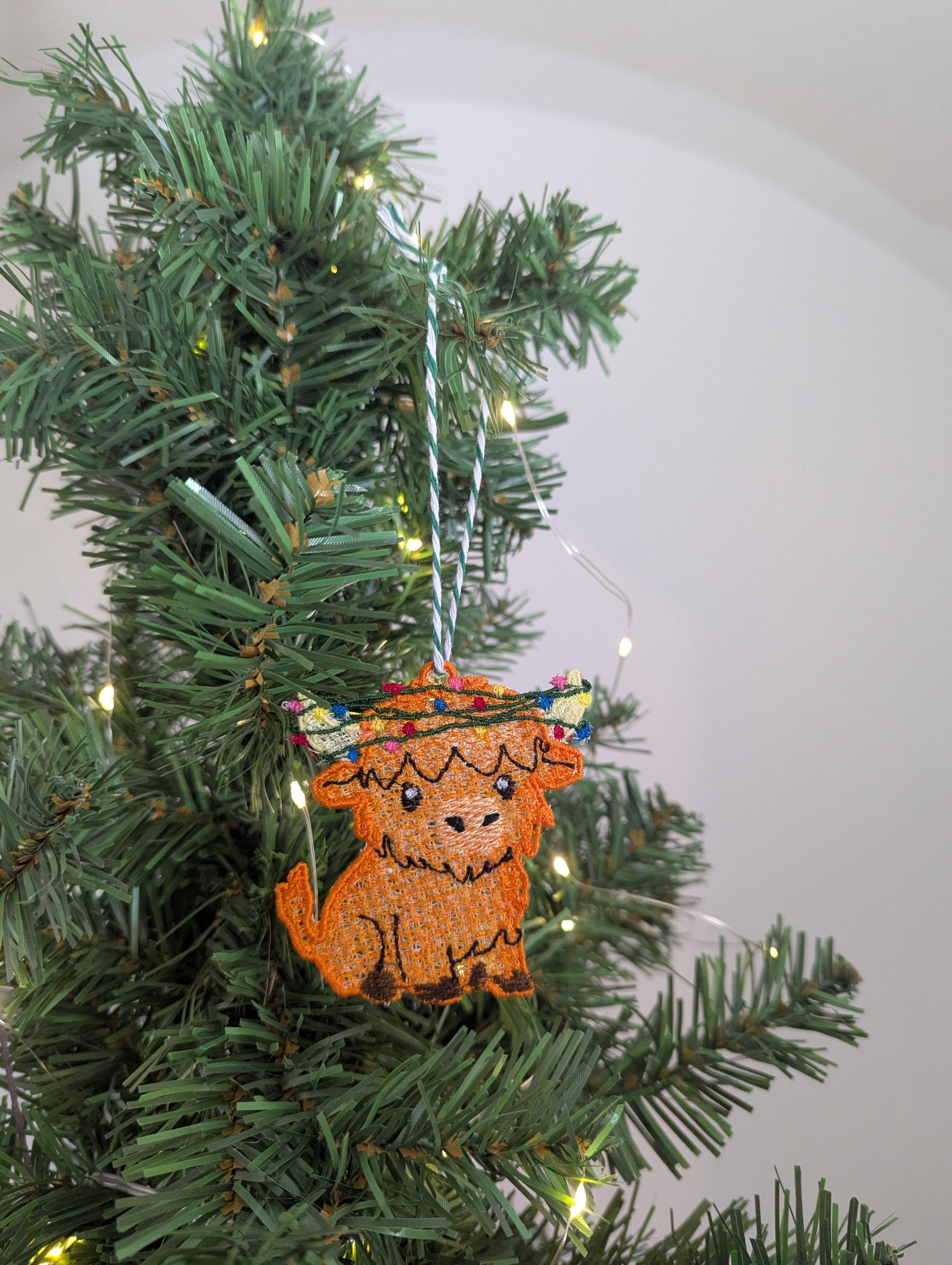 Embroidered hanging Highland cow Christmas decorations, machine embroidery