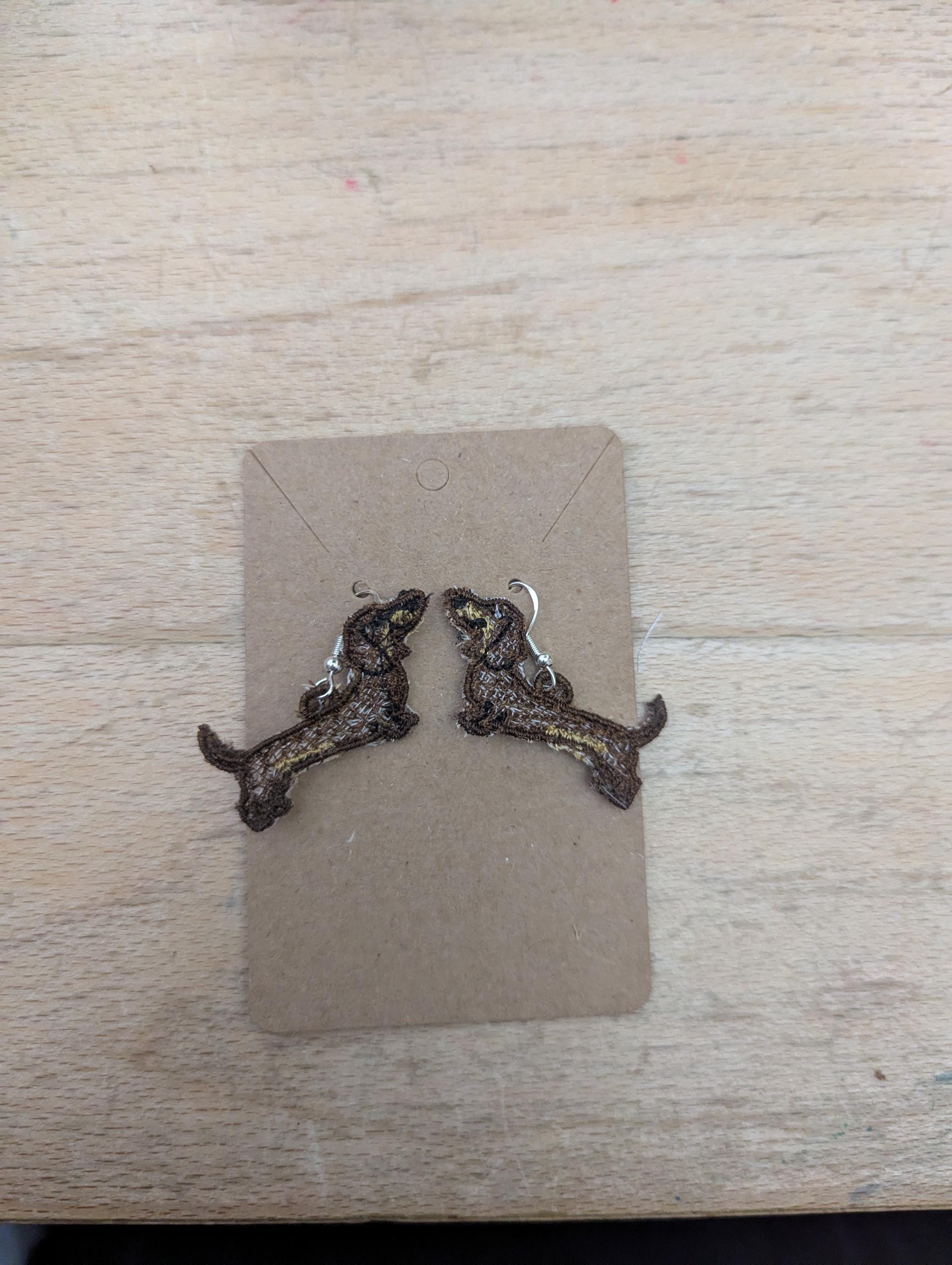 Embroidered Dachshund Earrings: Sausage Dog Dangle Jewelry