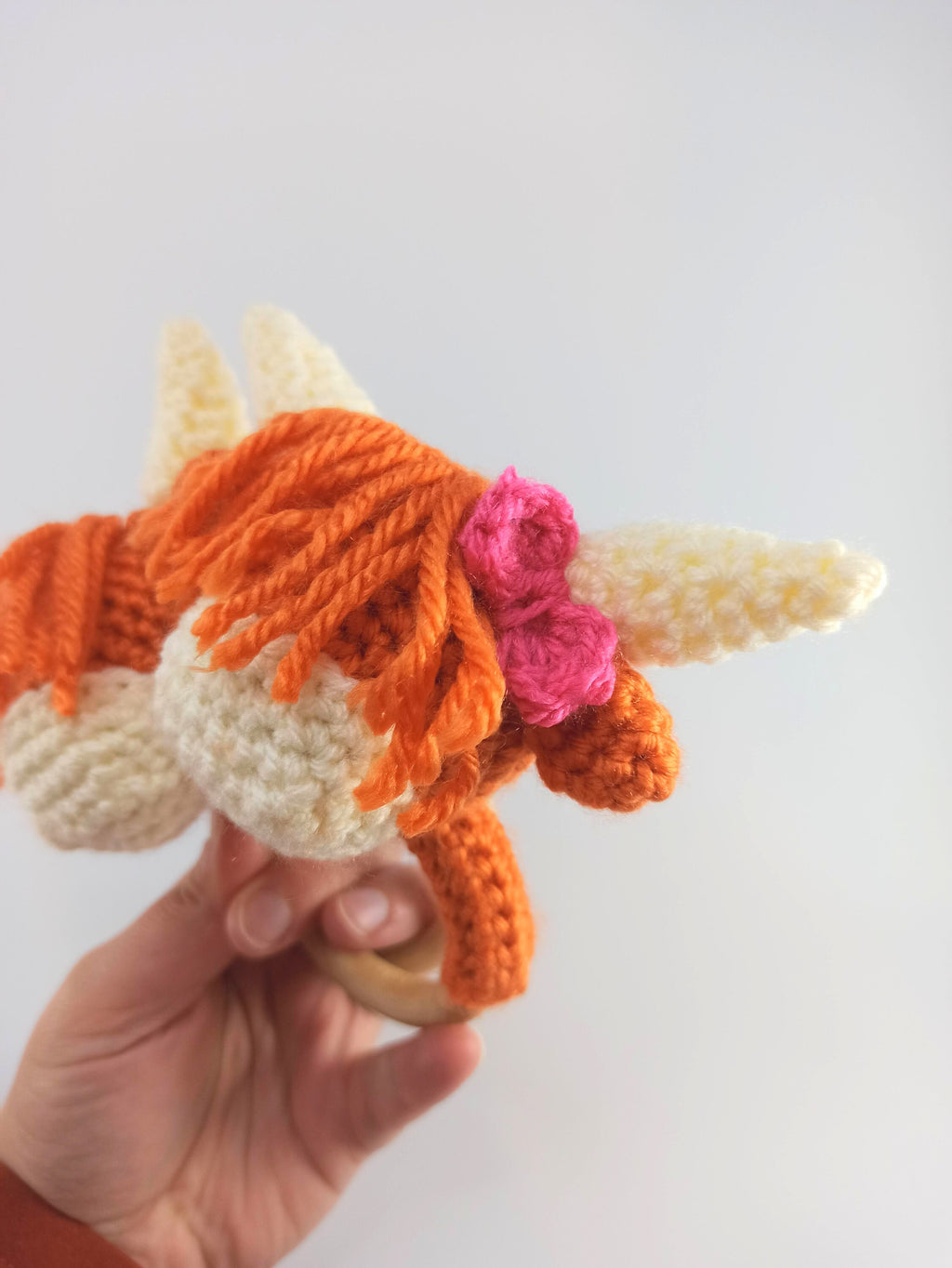 Crochet Highland Cow Teether Rattle, Wooden Teething Ring