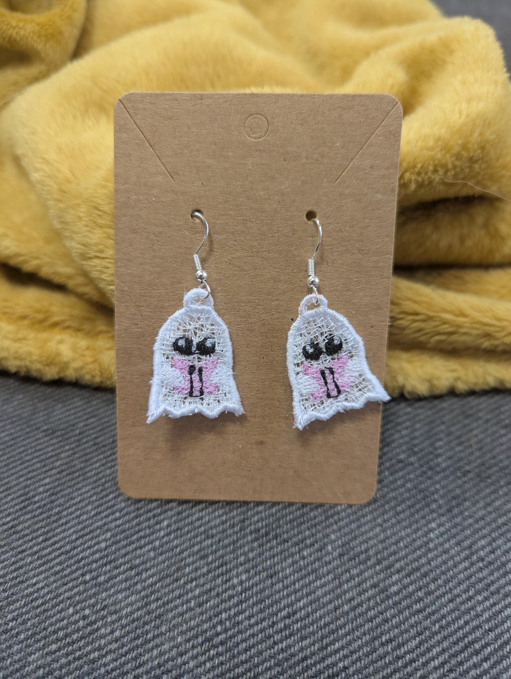 Book Lover Ghost Earrings: Embroidered Acrylic Thread Dangle Earrings