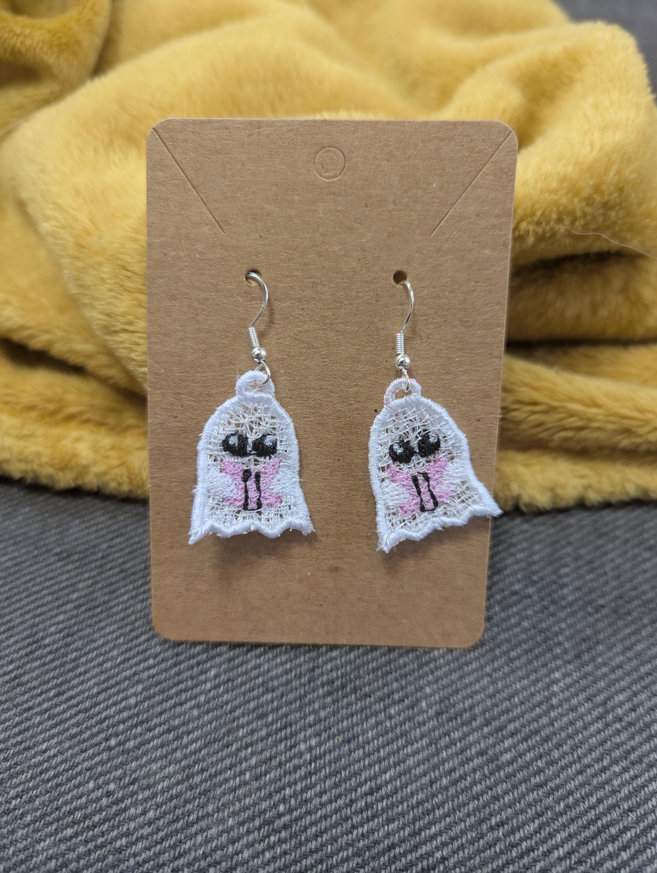 Book Lover Ghost Earrings: Embroidered Acrylic Thread Dangle Earrings