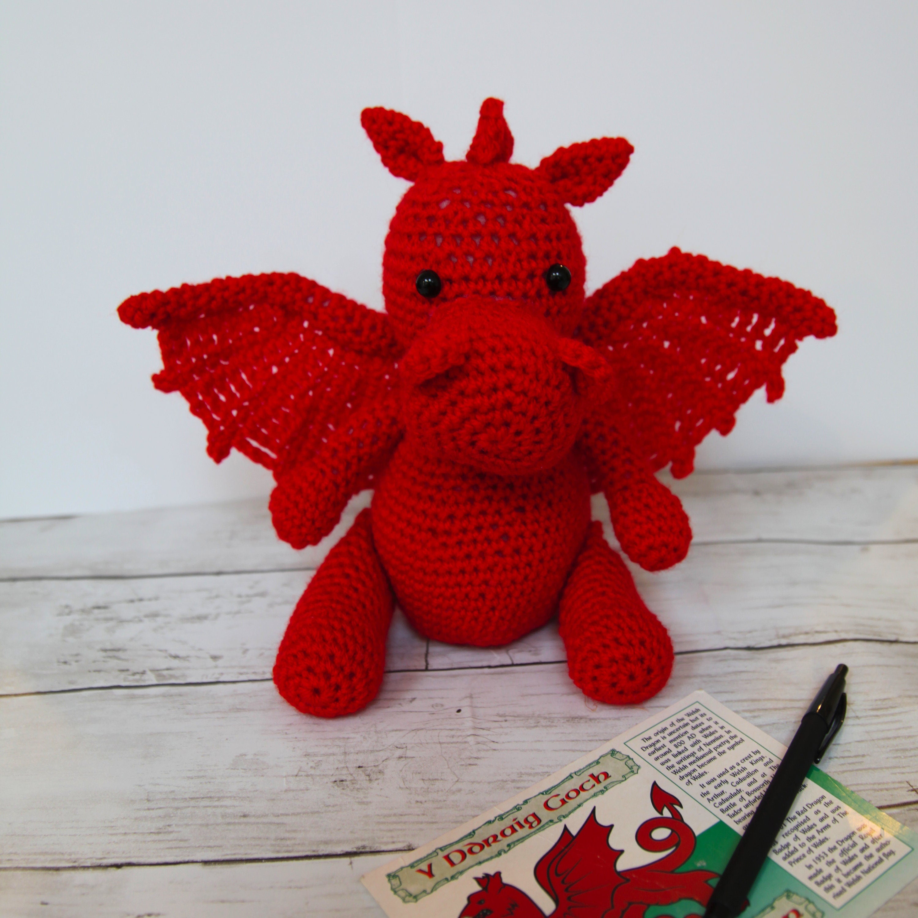 Welsh cuddly crochet dragon, soft stuffed knitted toy, stuffies, plushies, plush toys