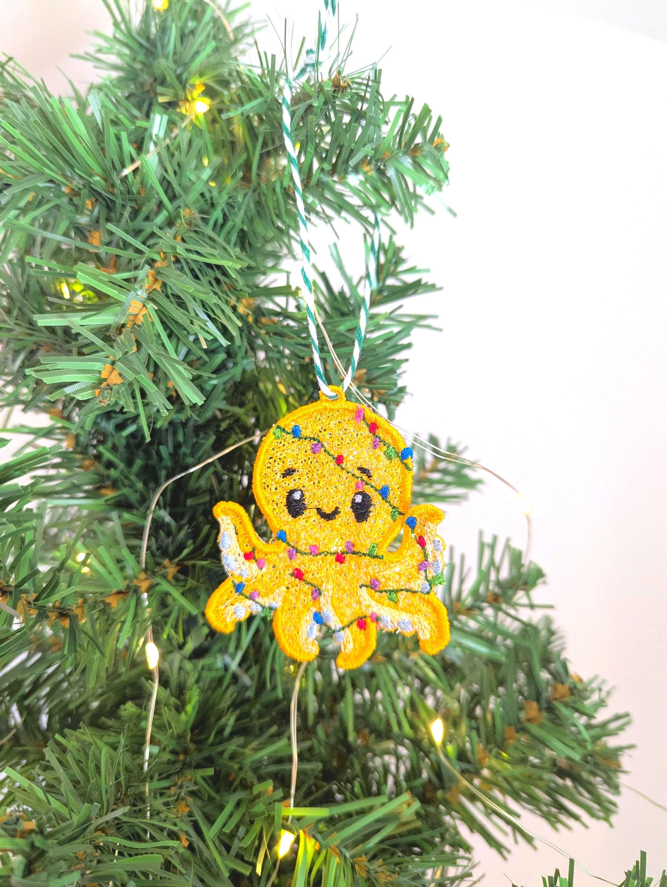 Embroidered hanging Octopus, Christmas decorations, wrapped in lights, machine embroidery