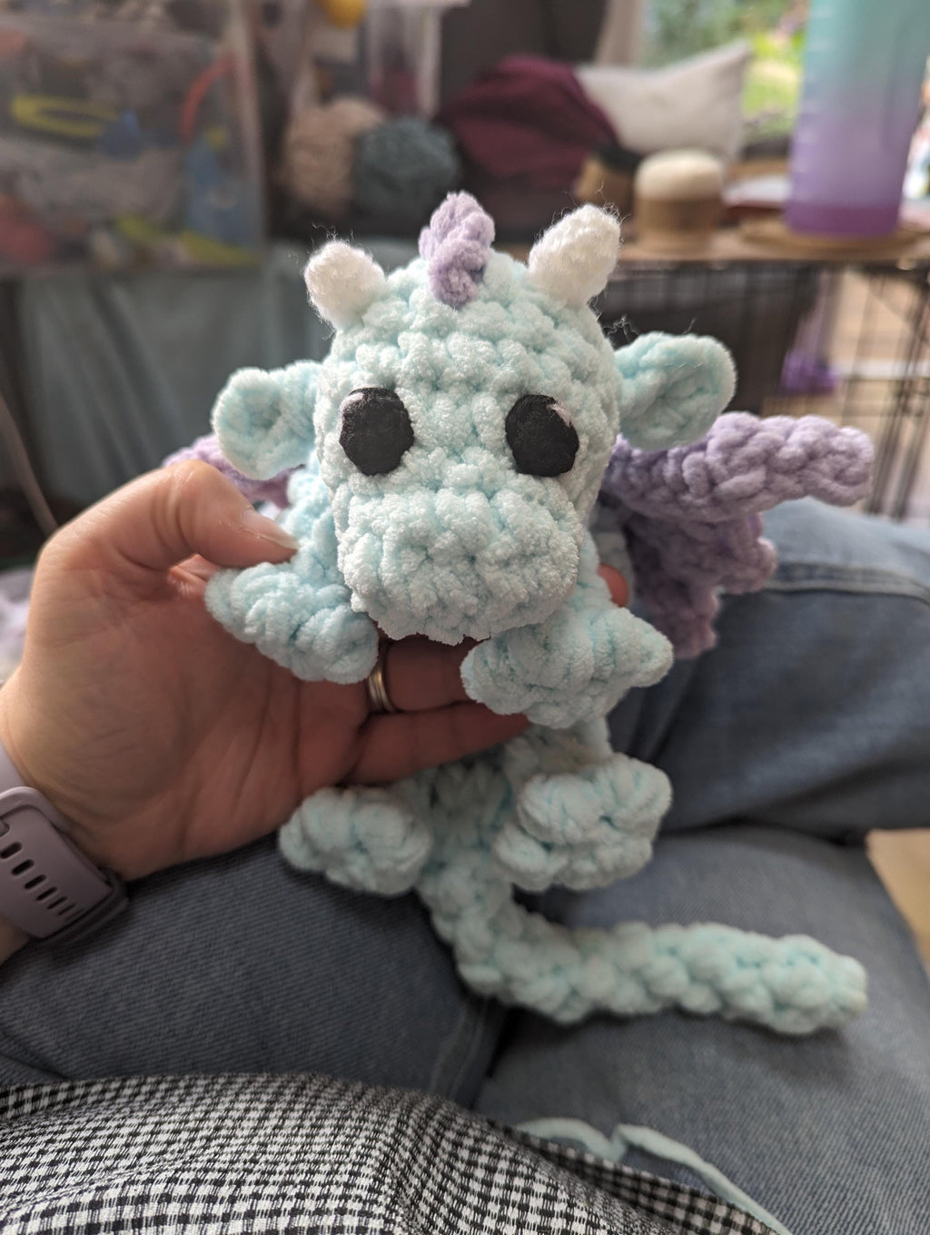 Plush crocheted dragon lovey, soft cuddly toy