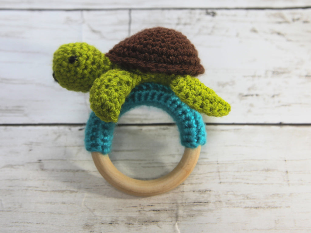 Crochet Turtle Teething Ring, Rattle, Wooden Baby Teether
