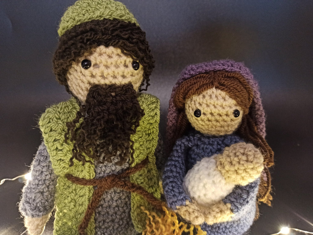 Handmade Crochet Nativity Set: Mary, Joseph, Jesus, Manger