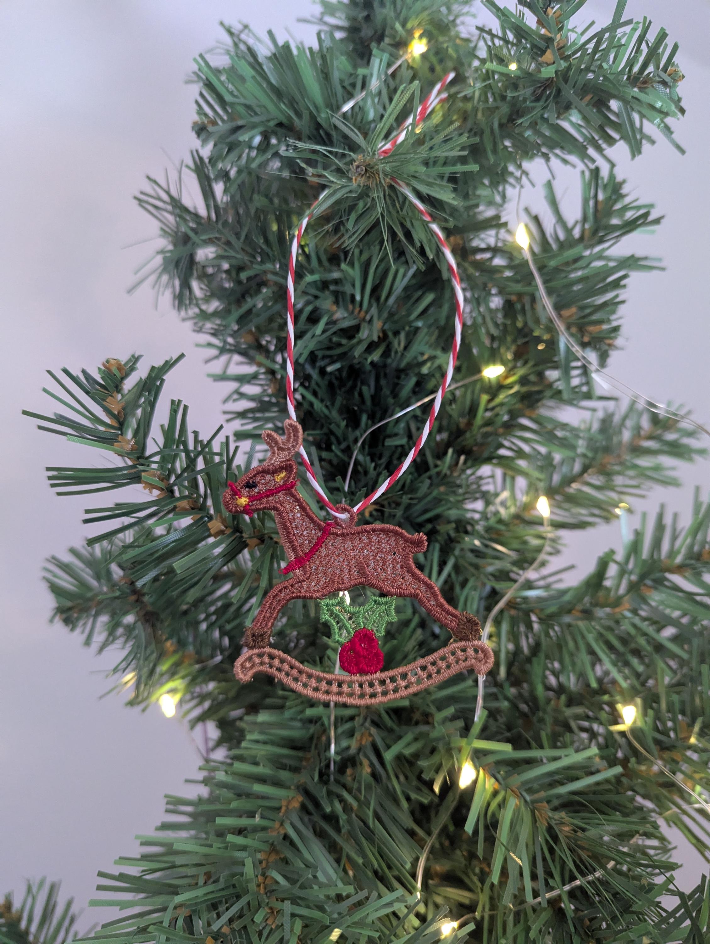 Embroidered Rocking Reindeer Ornament: Lace Christmas Tree Decoration