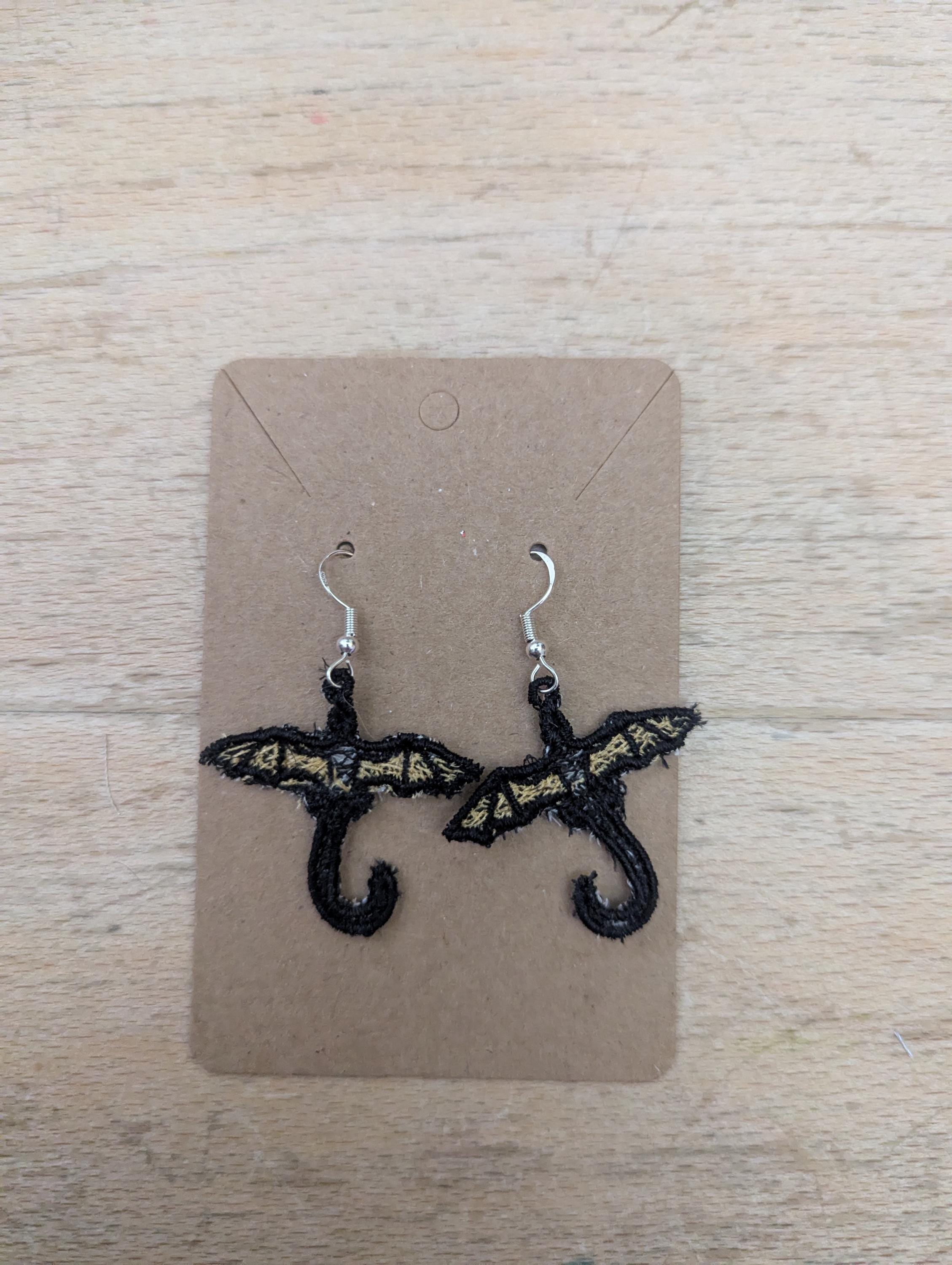Dragon earrings, machine embroidered gift for women girls,  present jewellery drop dangle earrings