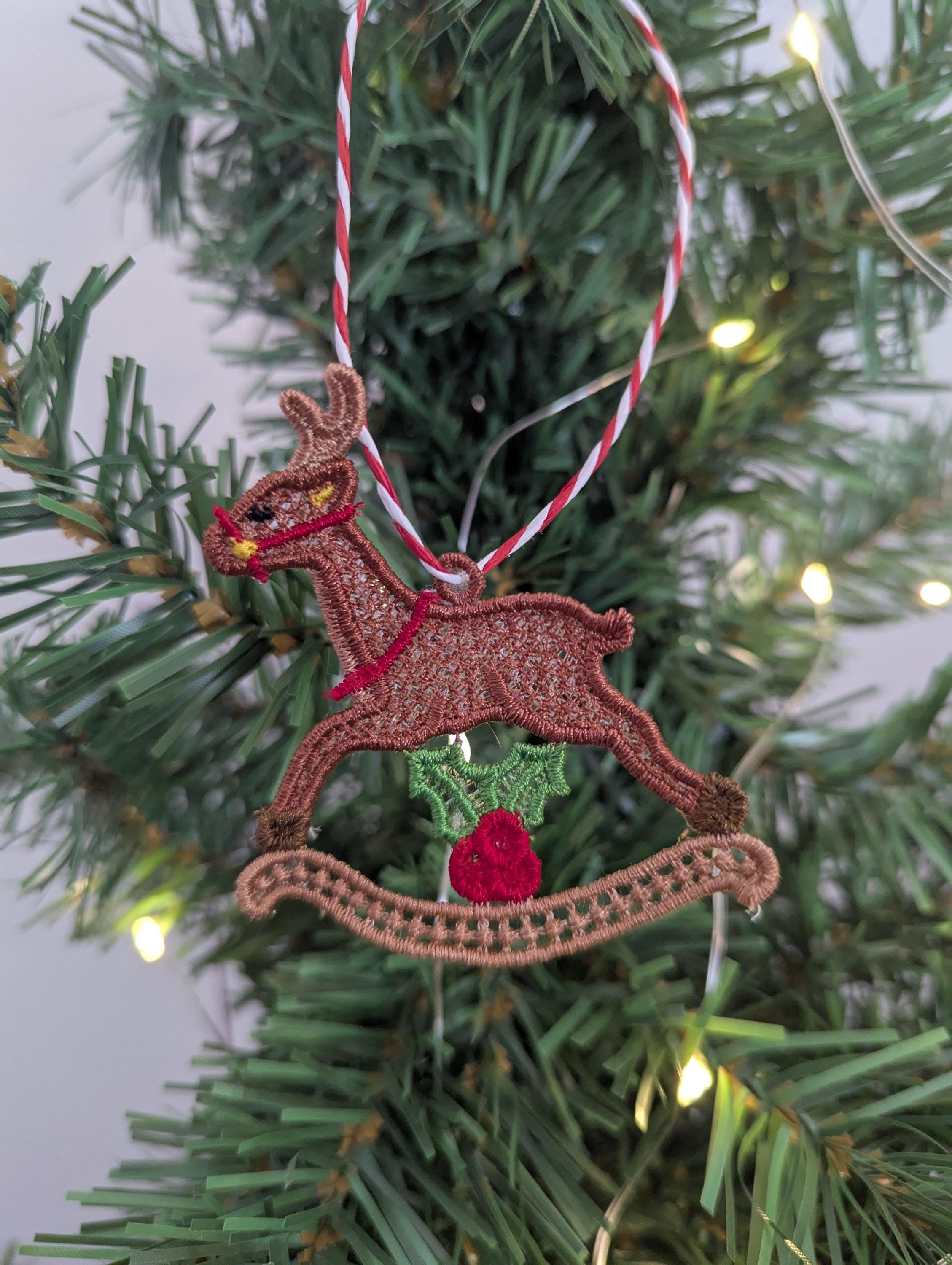 Embroidered Rocking Reindeer Ornament: Lace Christmas Tree Decoration