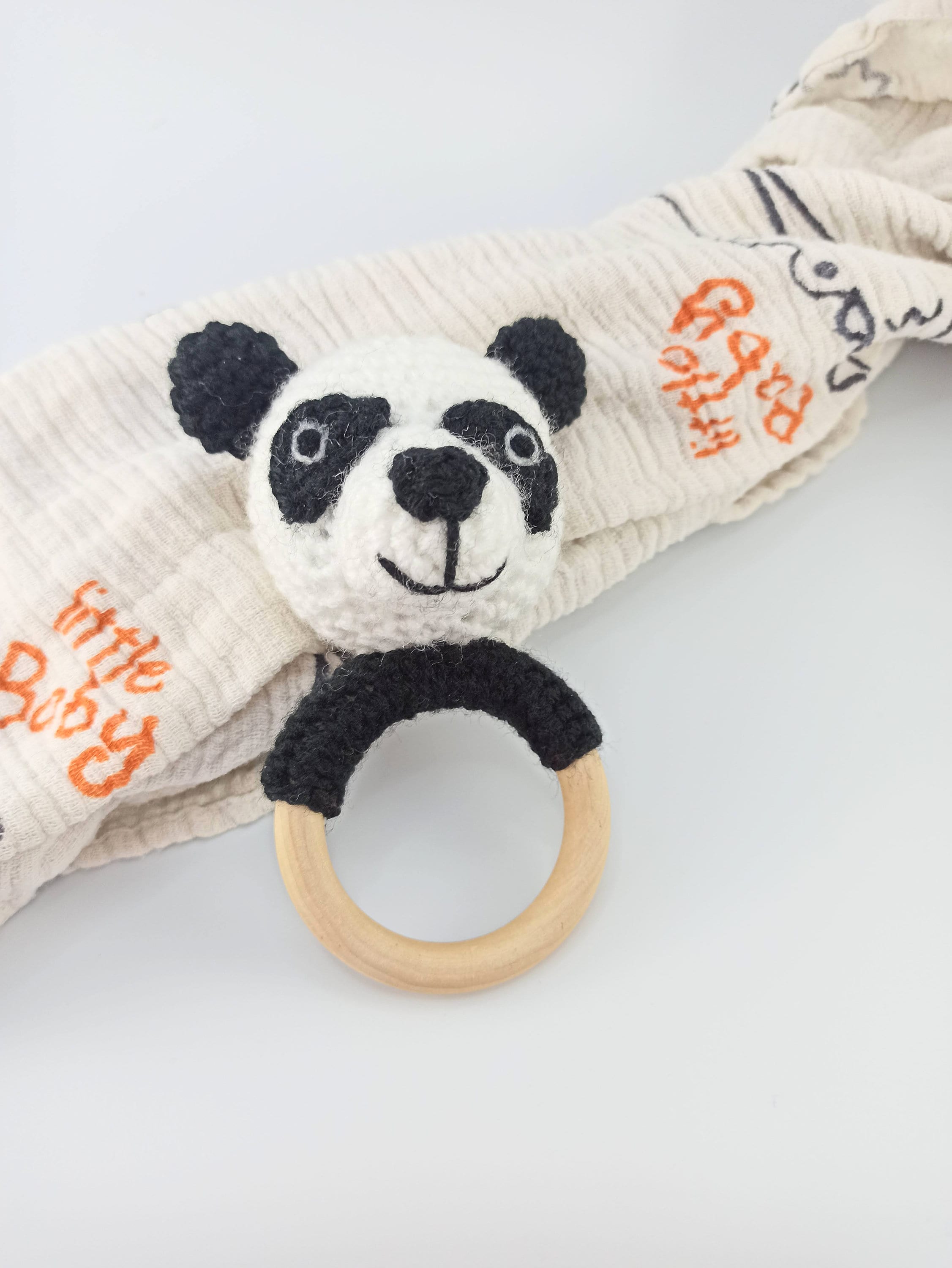 Crochet Panda Teether: Wooden Rattle Ring, Newborn Gift