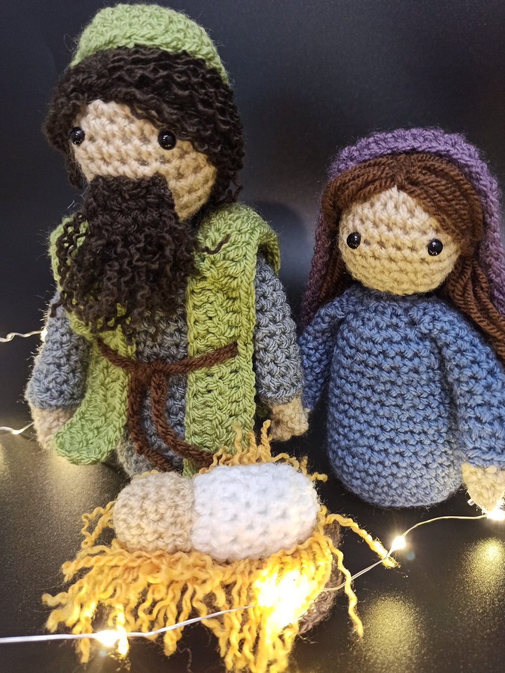Handmade Crochet Nativity Set: Mary, Joseph, Jesus, Manger