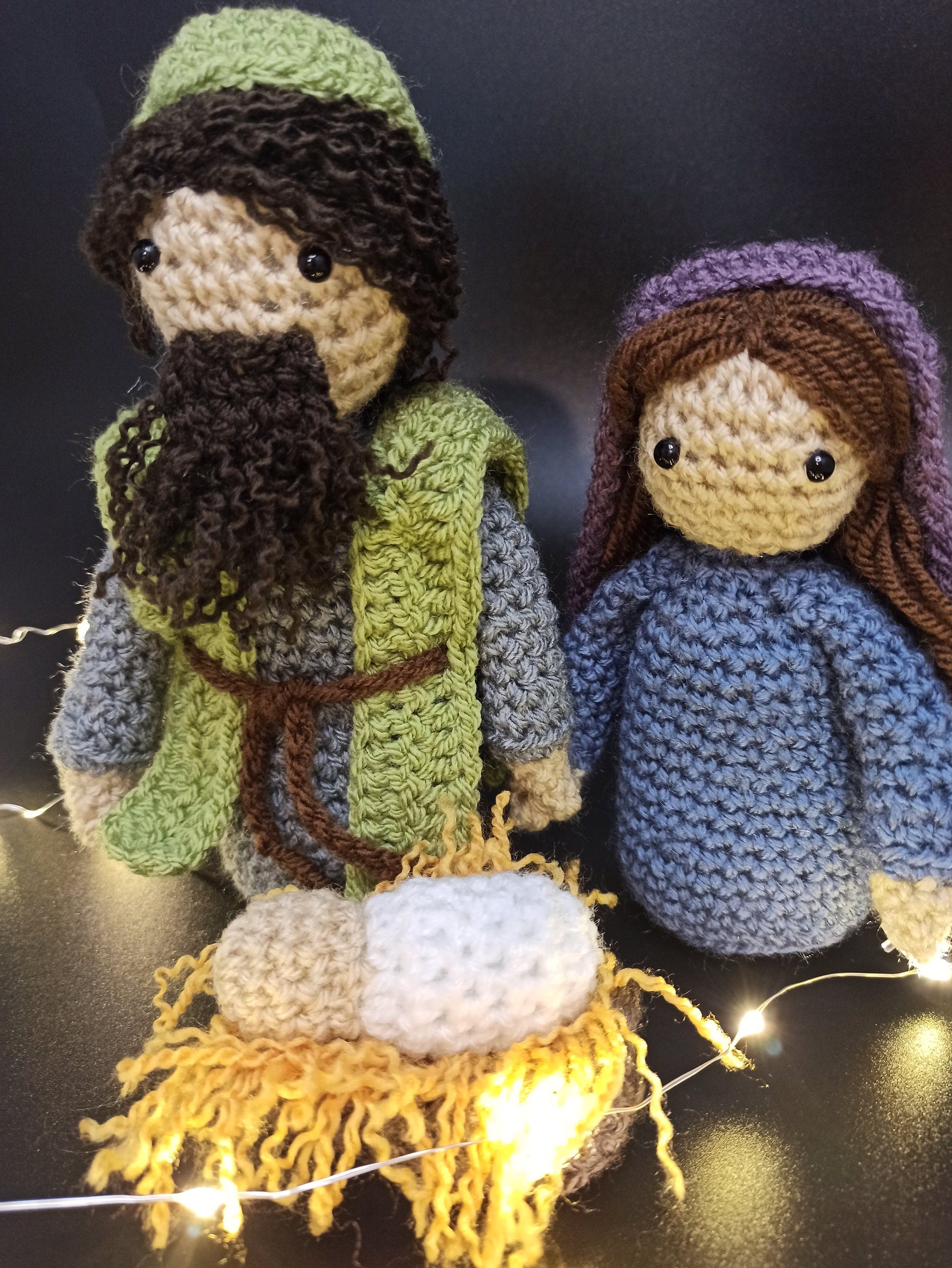 Handmade Crochet Nativity Set: Mary, Joseph, Jesus, Manger