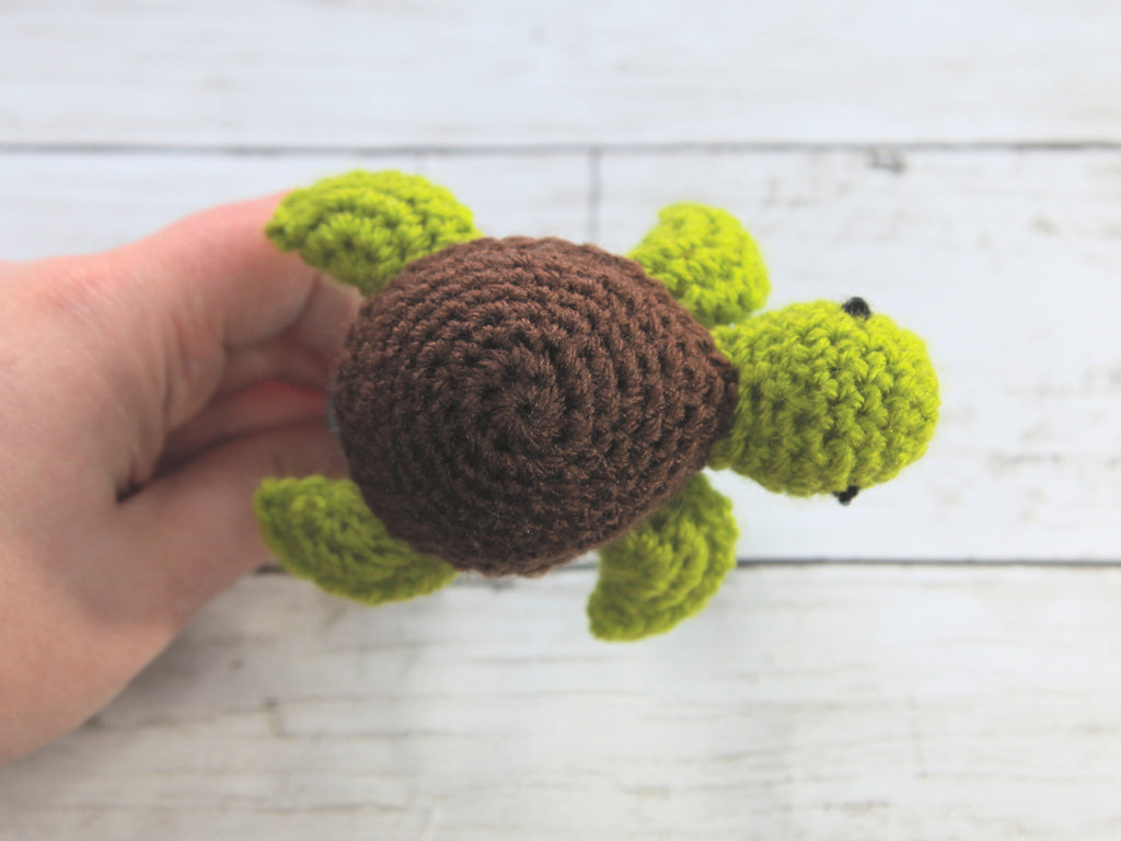 Crochet Turtle Teething Ring, Rattle, Wooden Baby Teether