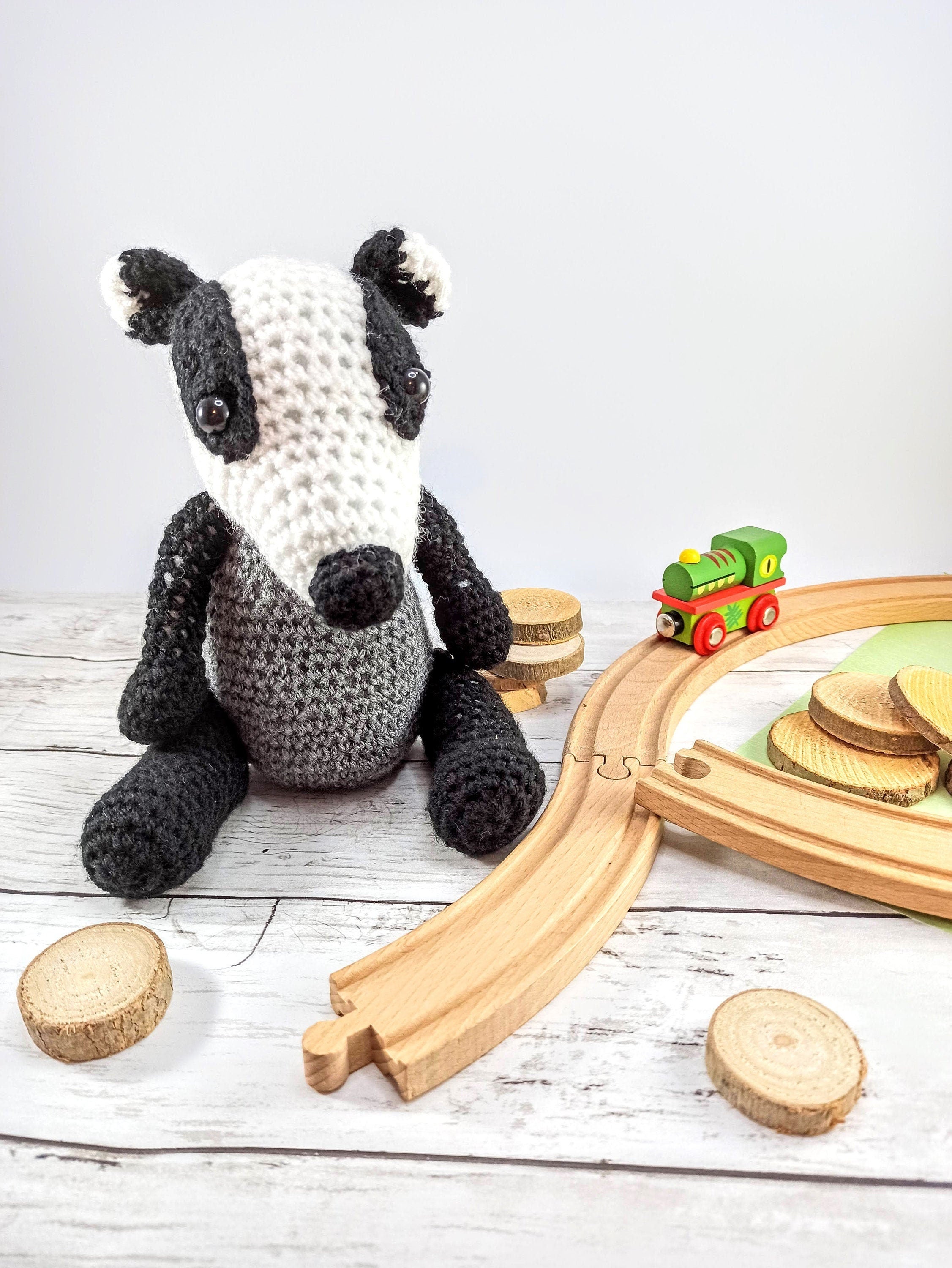 Cuddly Badger crochet soft toy, plush, handmade, plushies softies stuffed woodland decor gift children