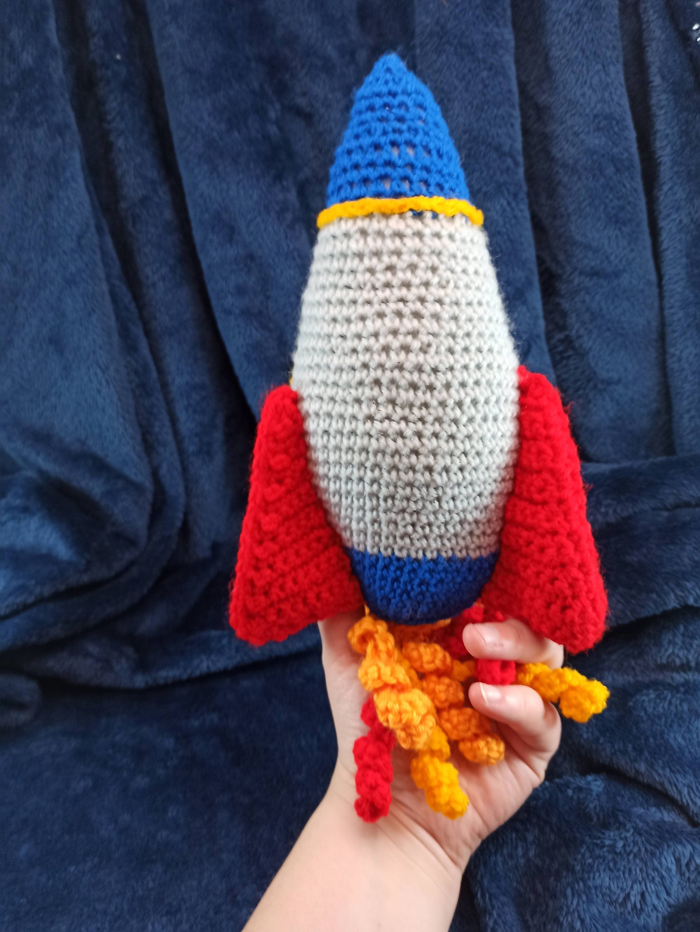 Cuddly Rocket crochet soft plush toy, plushies outer space, spacecraft, space planets moon stars