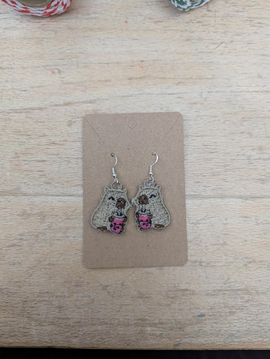 Embroidered Capybara Bubble Tea Earrings: Sterling Silver Hooks