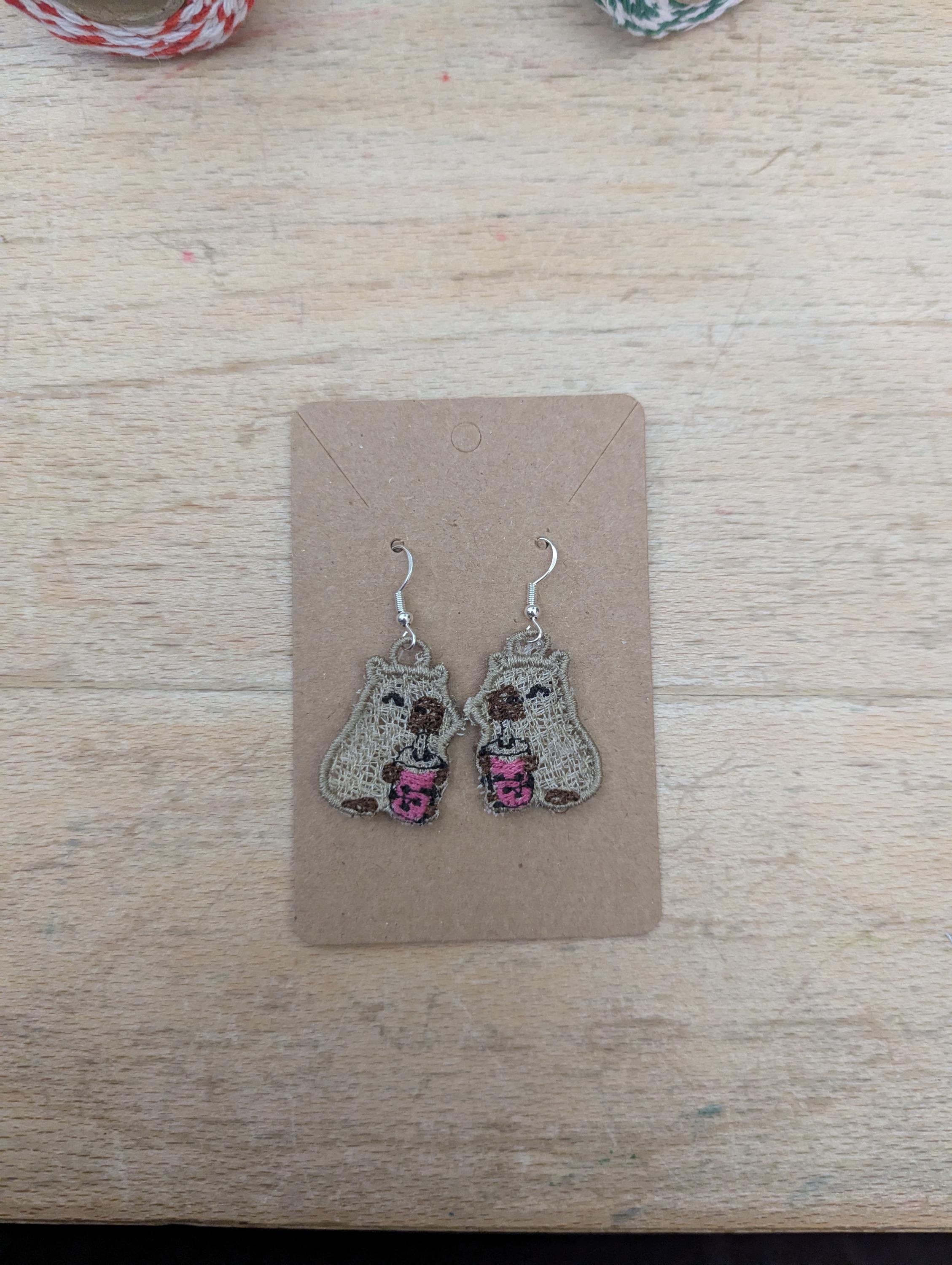 Embroidered Capybara Bubble Tea Earrings: Sterling Silver Hooks
