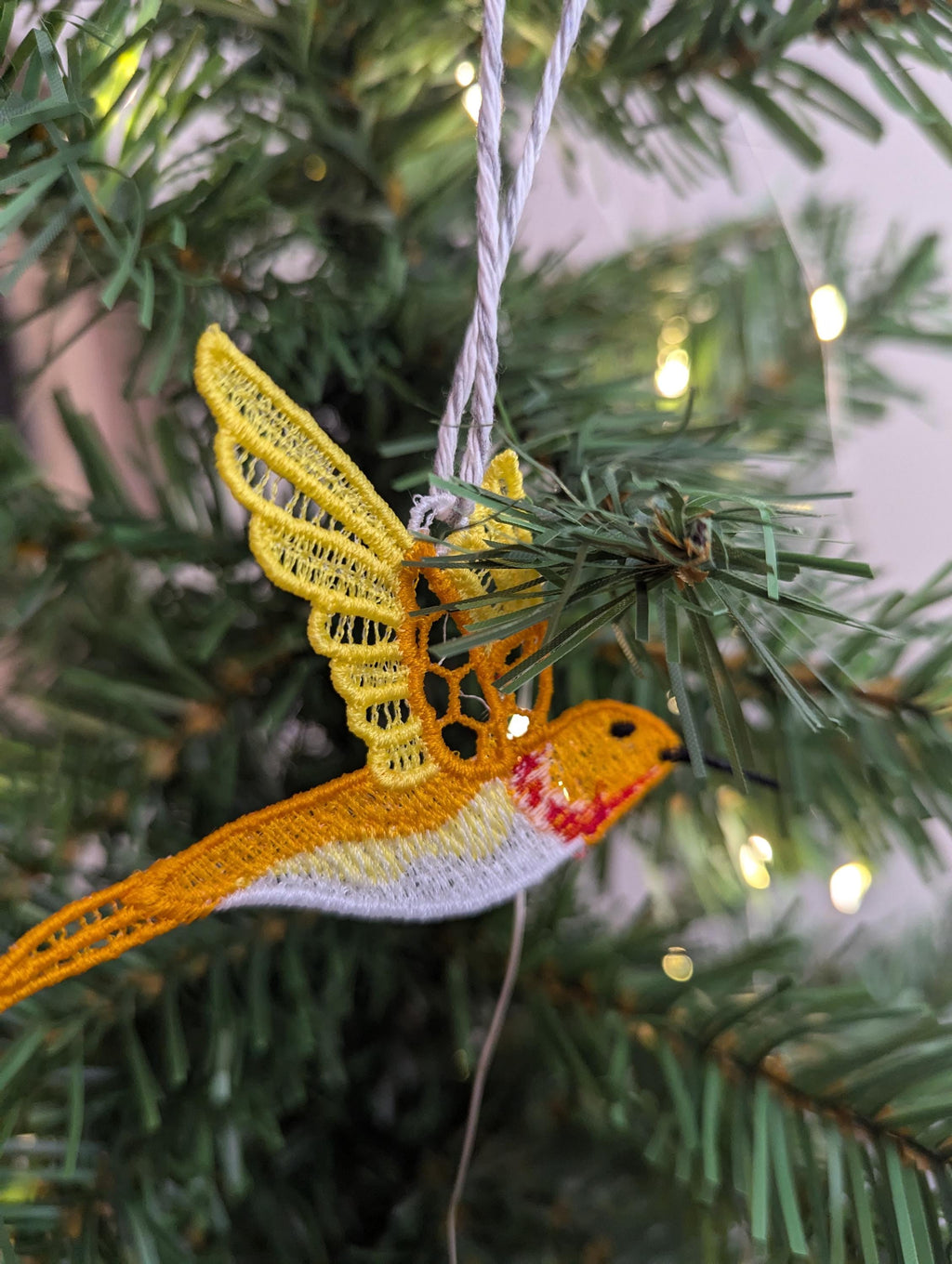 Lace Hummingbird Ornament: Machine Embroidery Hanging Decoration