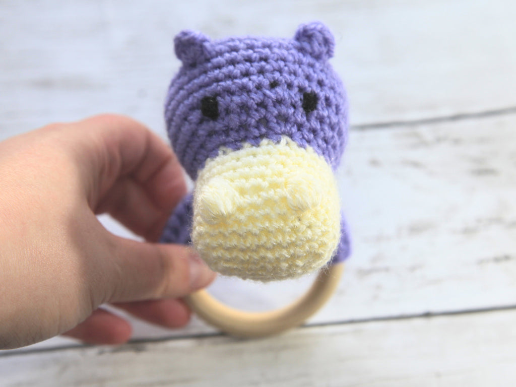 Crochet Hippo Teething Ring: Wooden Rattle, Newborn Gift