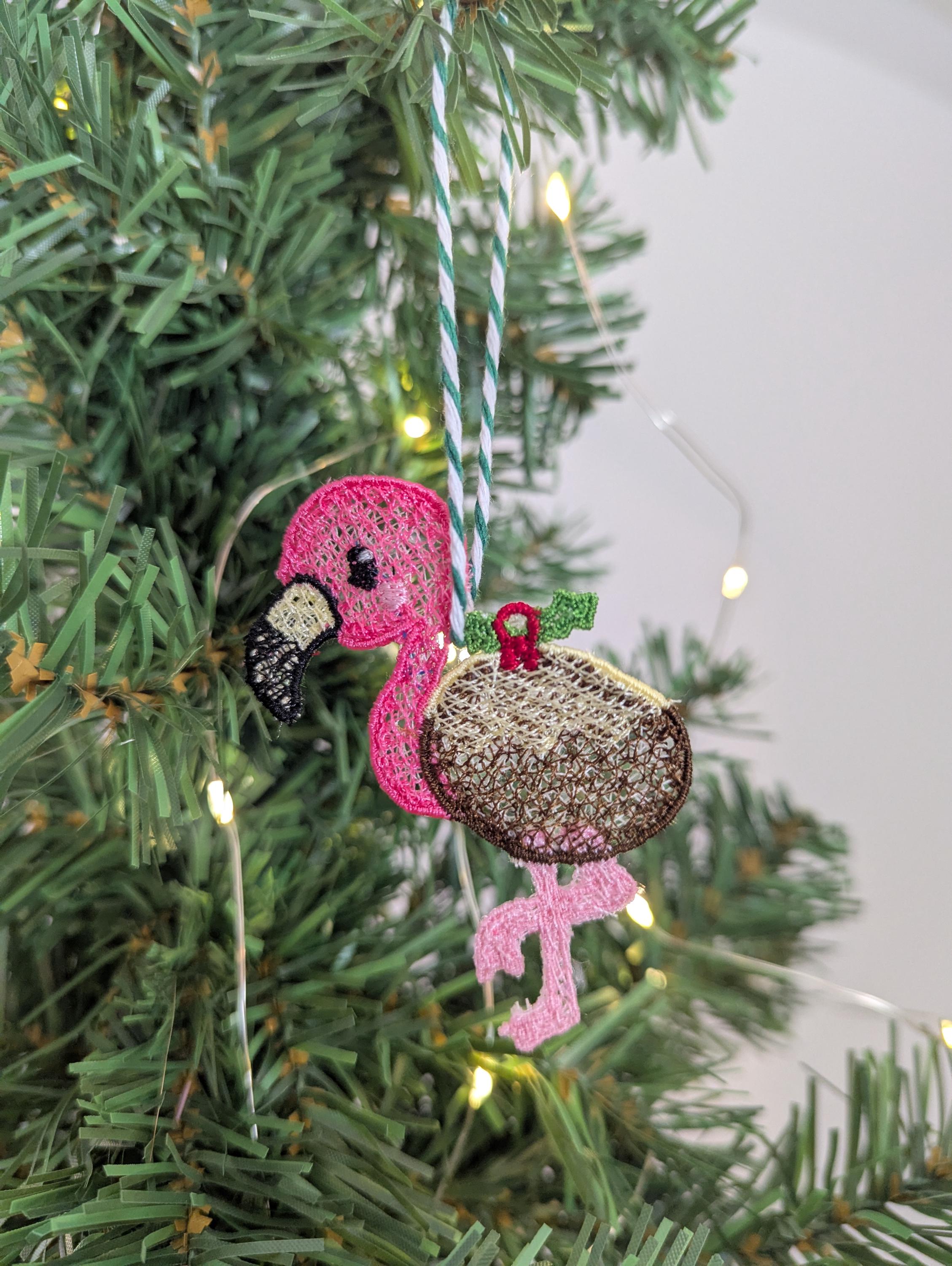Embroidered hanging Flamingo Christmas decorations, machine embroidery