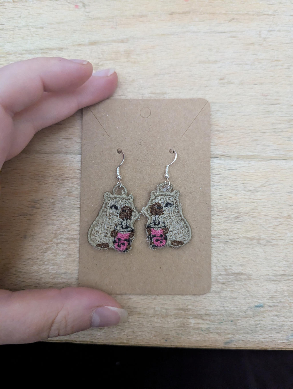 Embroidered Capybara Bubble Tea Earrings: Sterling Silver Hooks