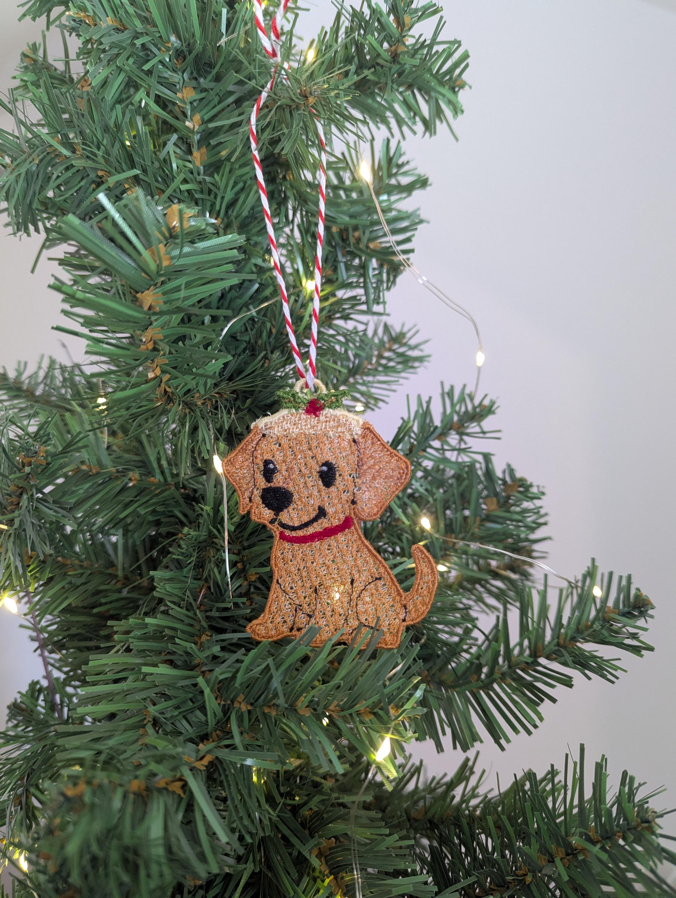 Embroidered hanging Labrador Christmas decorations, machine embroidery