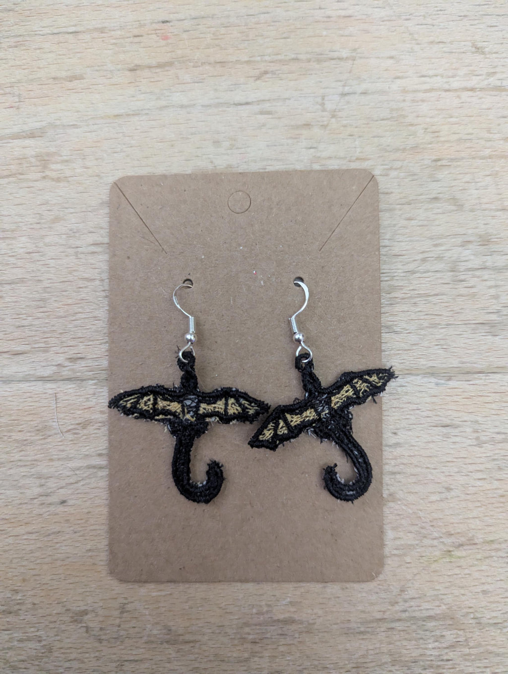 Dragon earrings, machine embroidered gift for women girls,  present jewellery drop dangle earrings