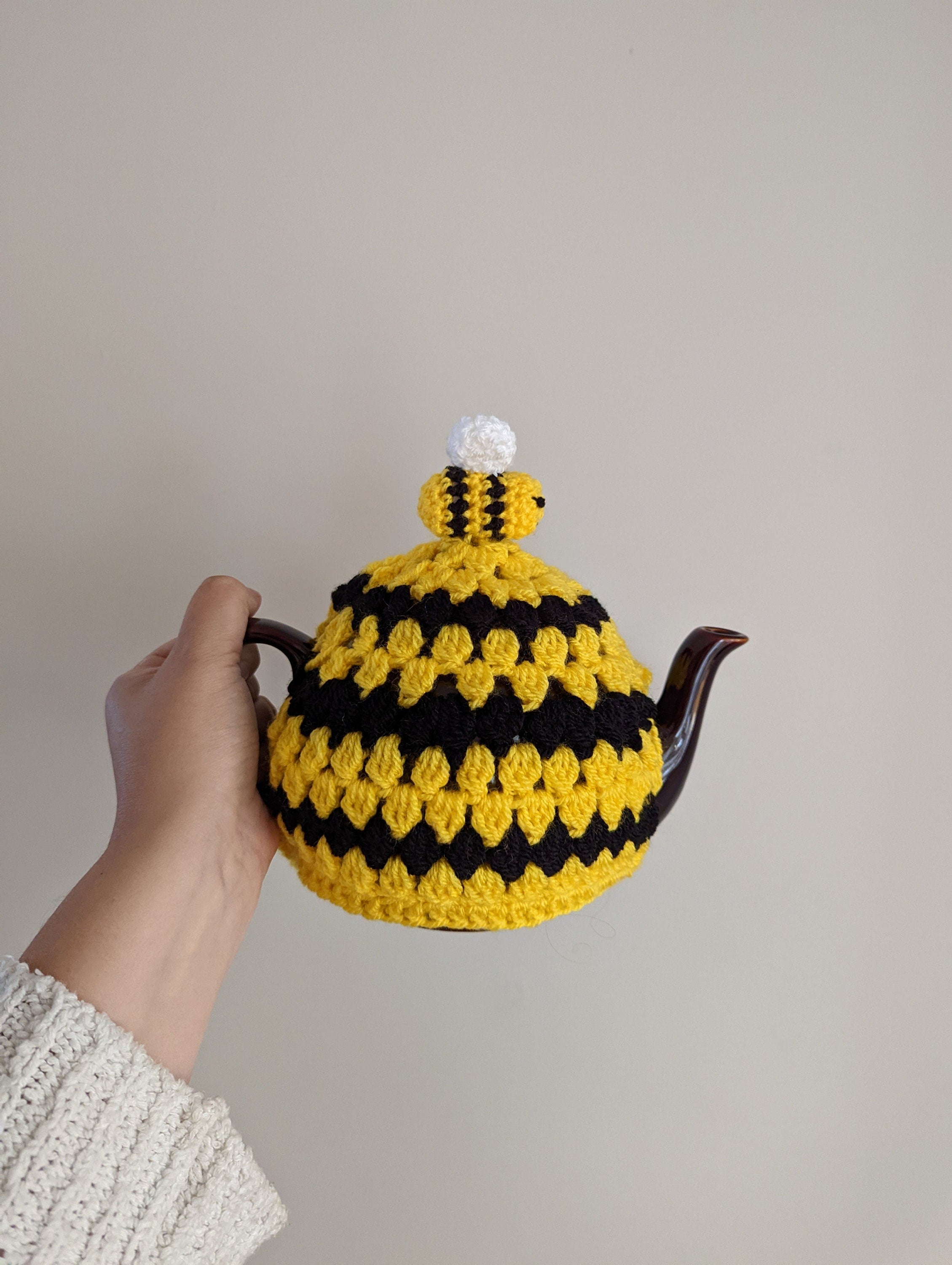 Bumblebee teapot cosy, energy saving, cost efficient, crochet teapot cover