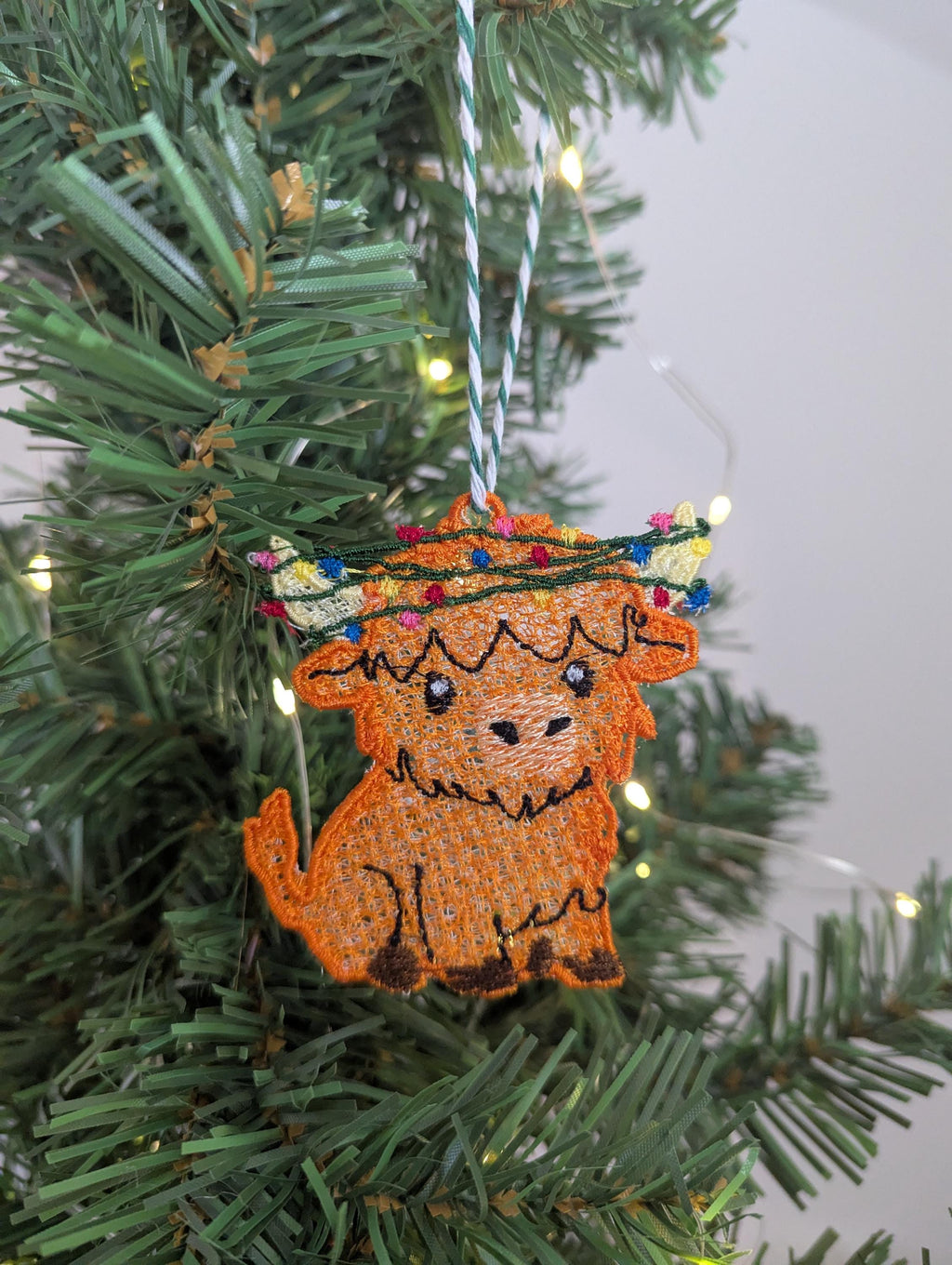 Embroidered hanging Highland cow Christmas decorations, machine embroidery