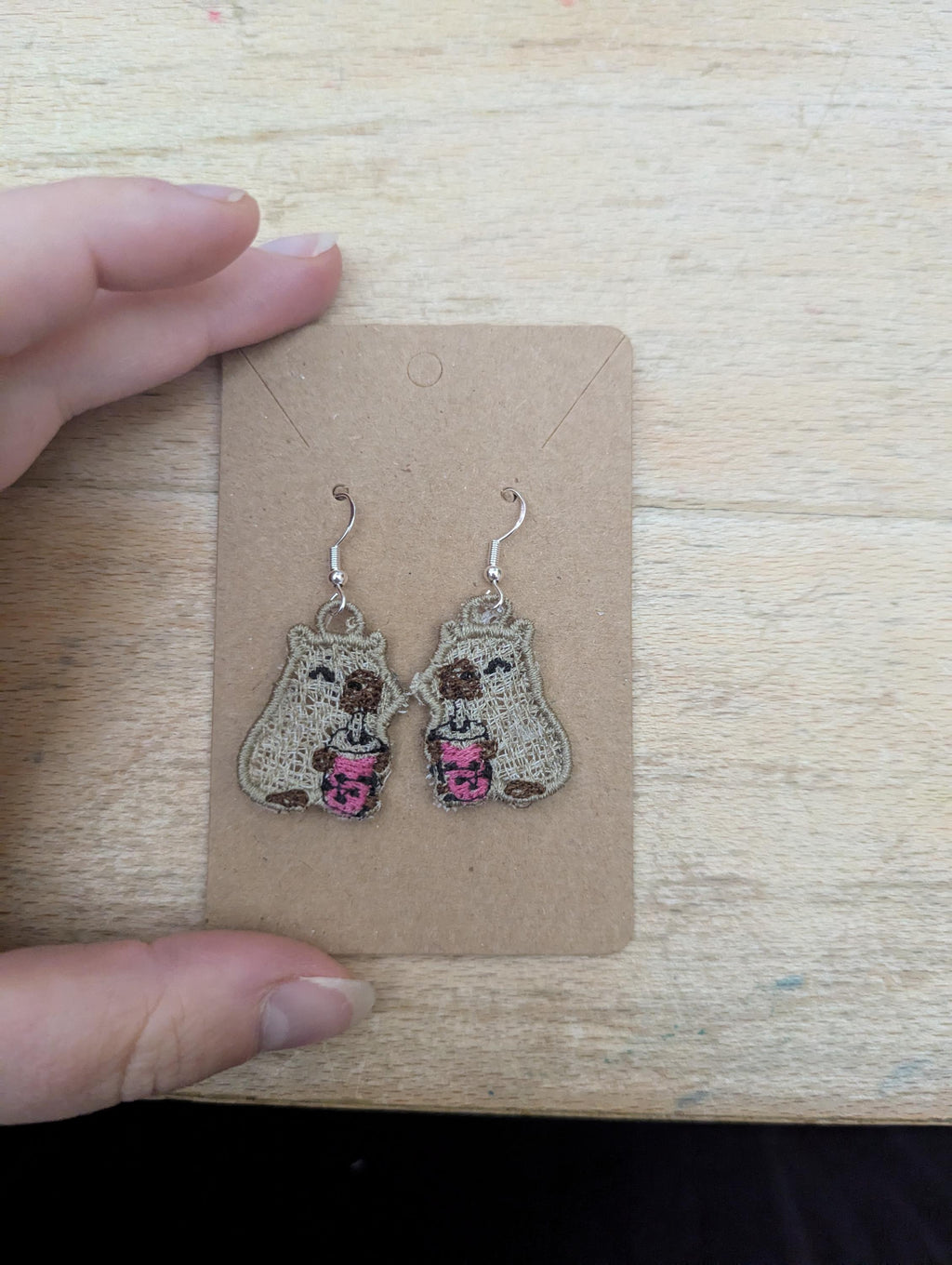 Embroidered Capybara Bubble Tea Earrings: Sterling Silver Hooks