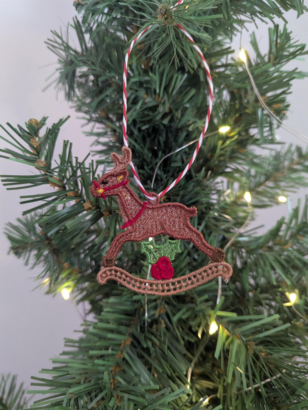 Embroidered Rocking Reindeer Ornament: Lace Christmas Tree Decoration