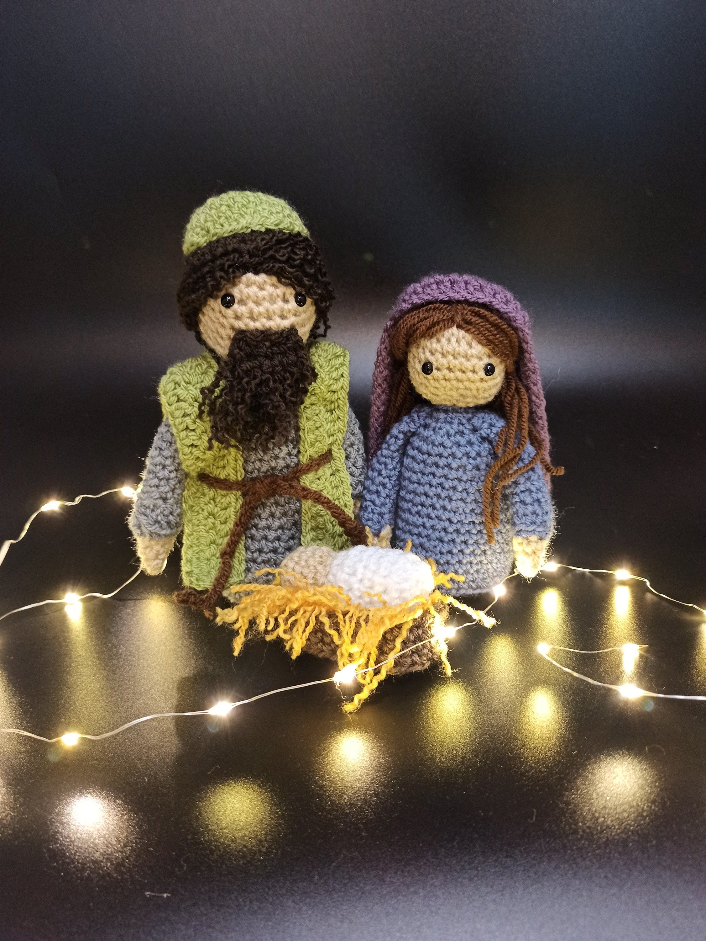 Handmade Crochet Nativity Set: Mary, Joseph, Jesus, Manger