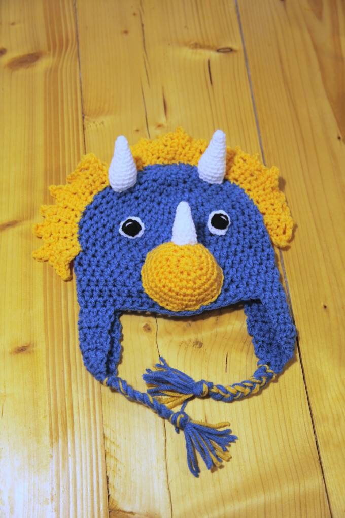 Crochet Triceratops hat, toddler, child, adult hat sizes
