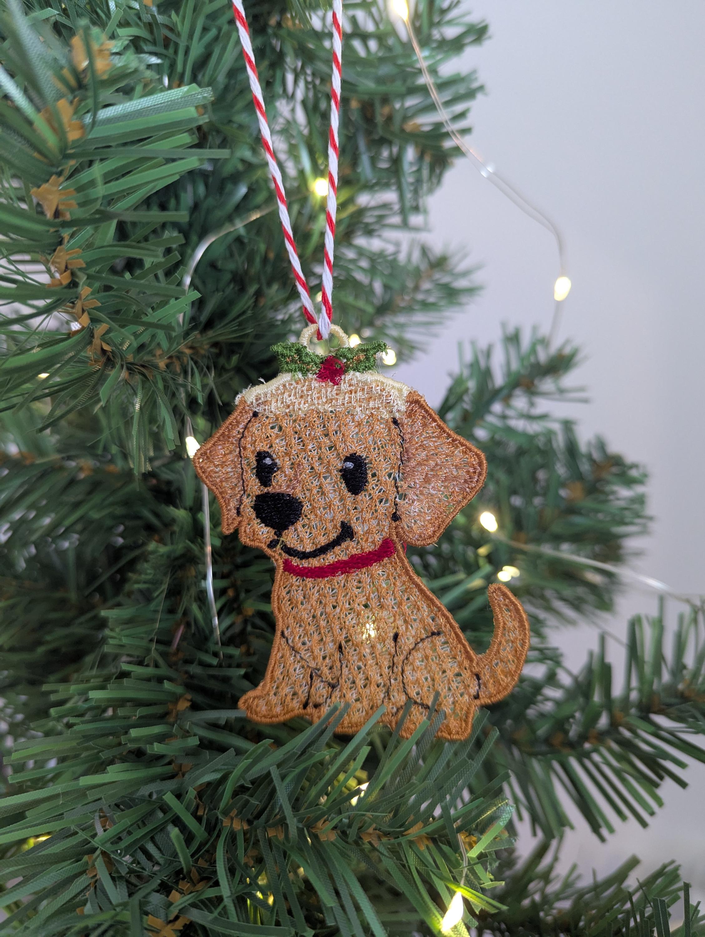 Embroidered hanging Labrador Christmas decorations, machine embroidery