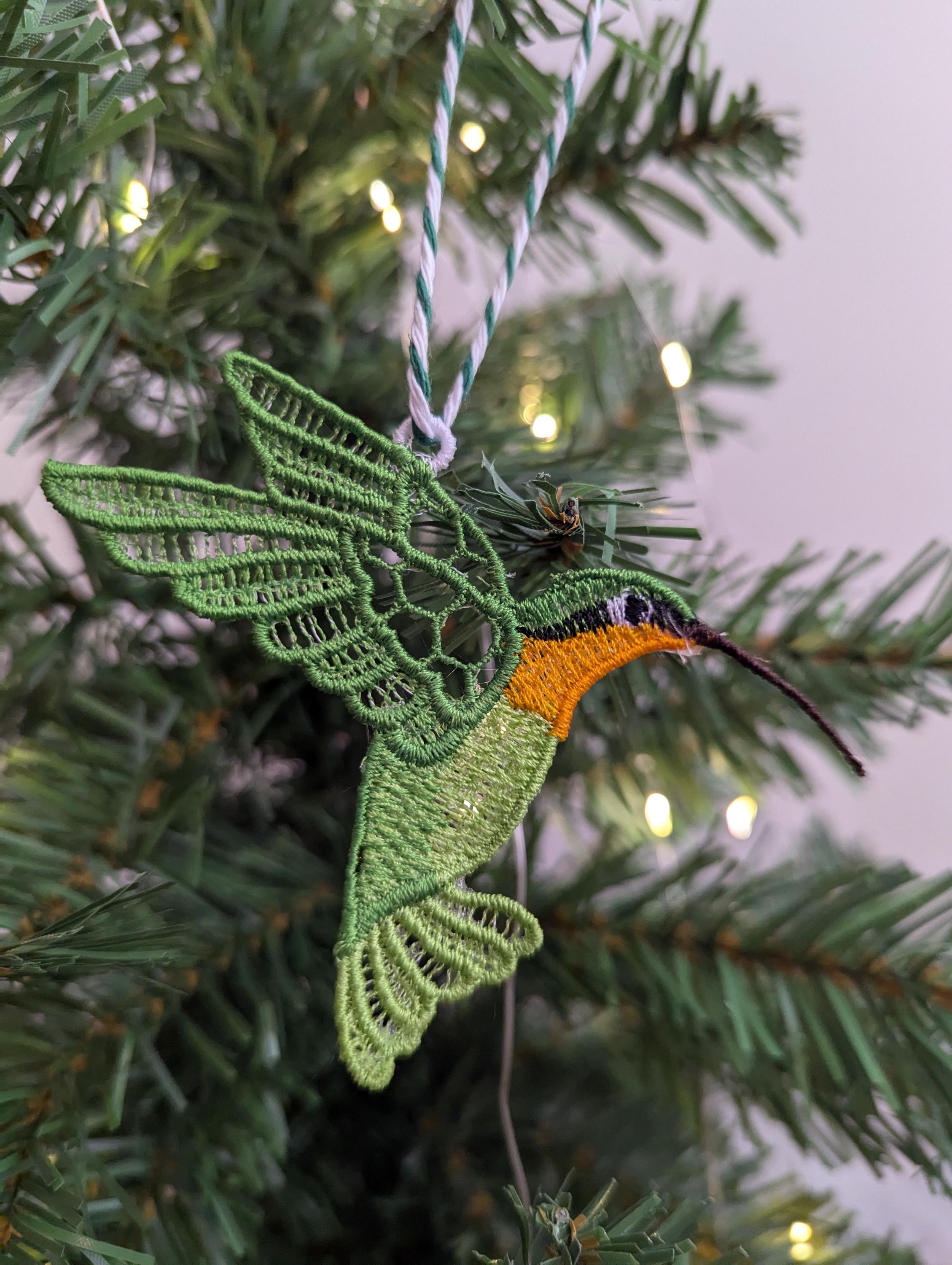 Lace Hummingbird Ornament: Machine Embroidery, Colorful Tree Decoration