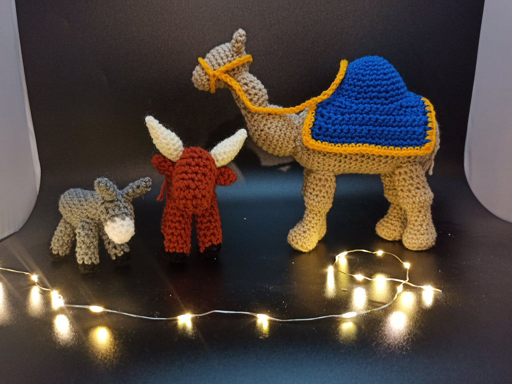 Handmade Crochet Nativity Animal Set: Camel, Cow & Donkey