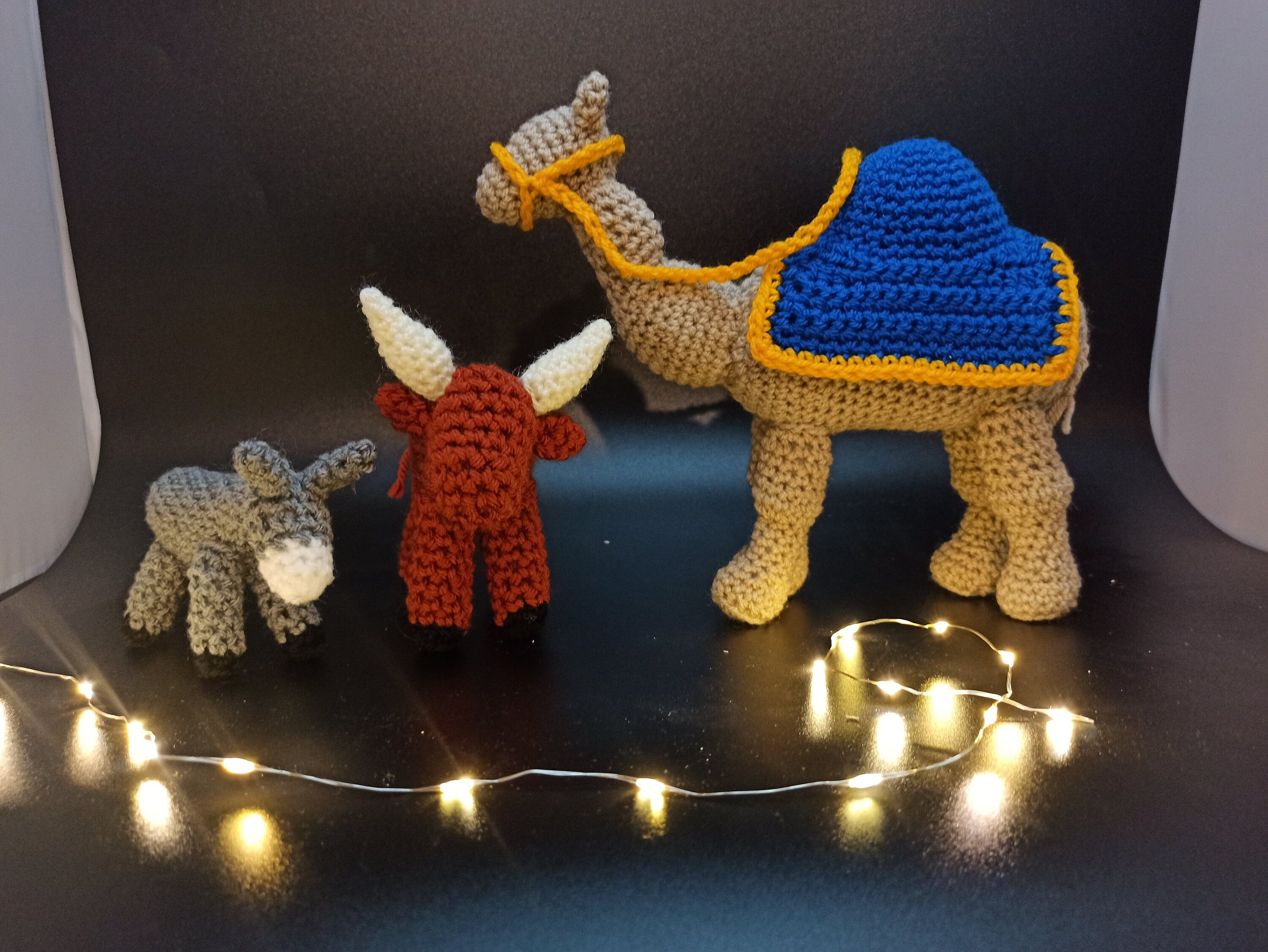 Handmade Crochet Nativity Animal Set: Camel, Cow & Donkey