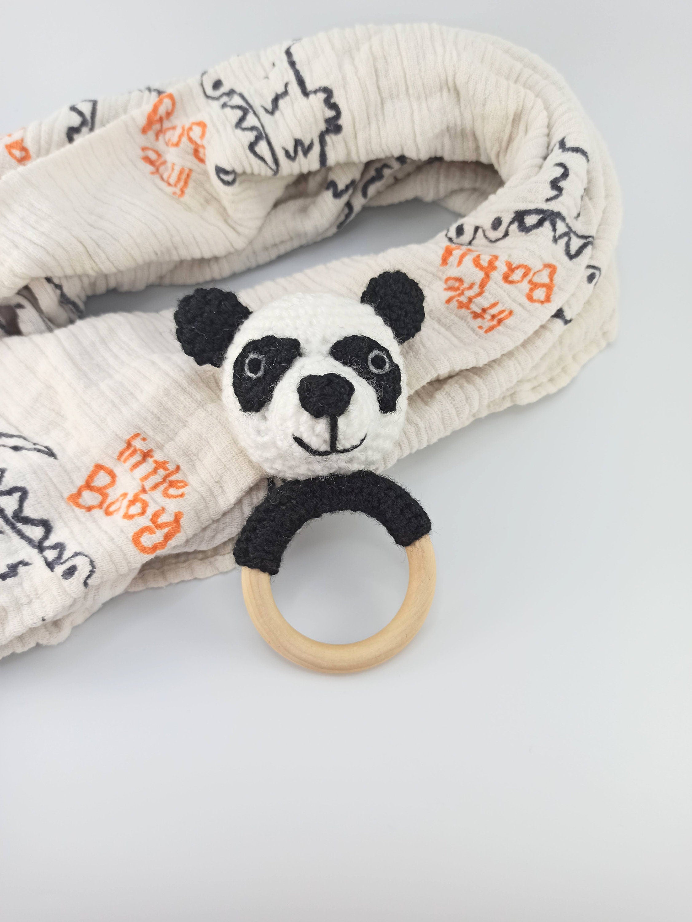 Crochet Panda Teether: Wooden Rattle Ring, Newborn Gift