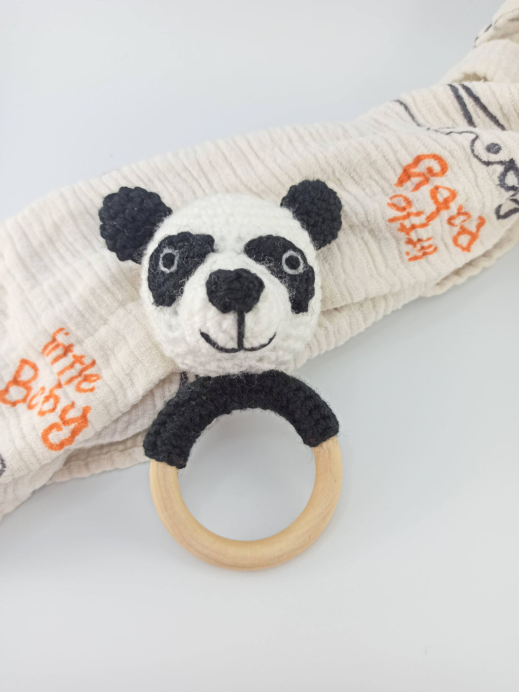Crochet Panda Teether: Wooden Rattle Ring, Newborn Gift