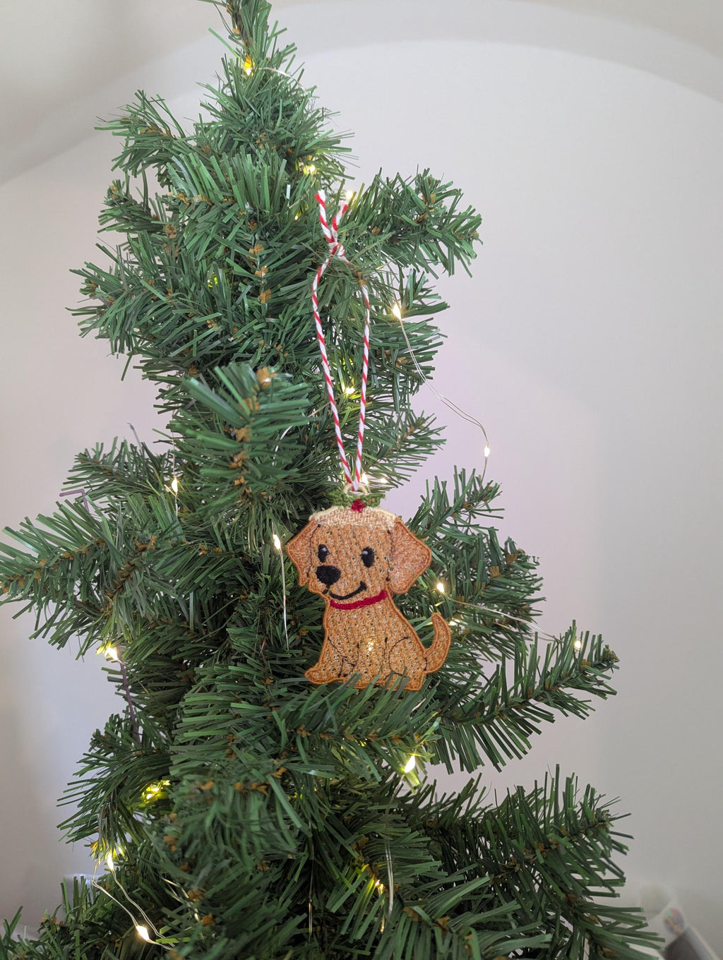 Embroidered hanging Labrador Christmas decorations, machine embroidery