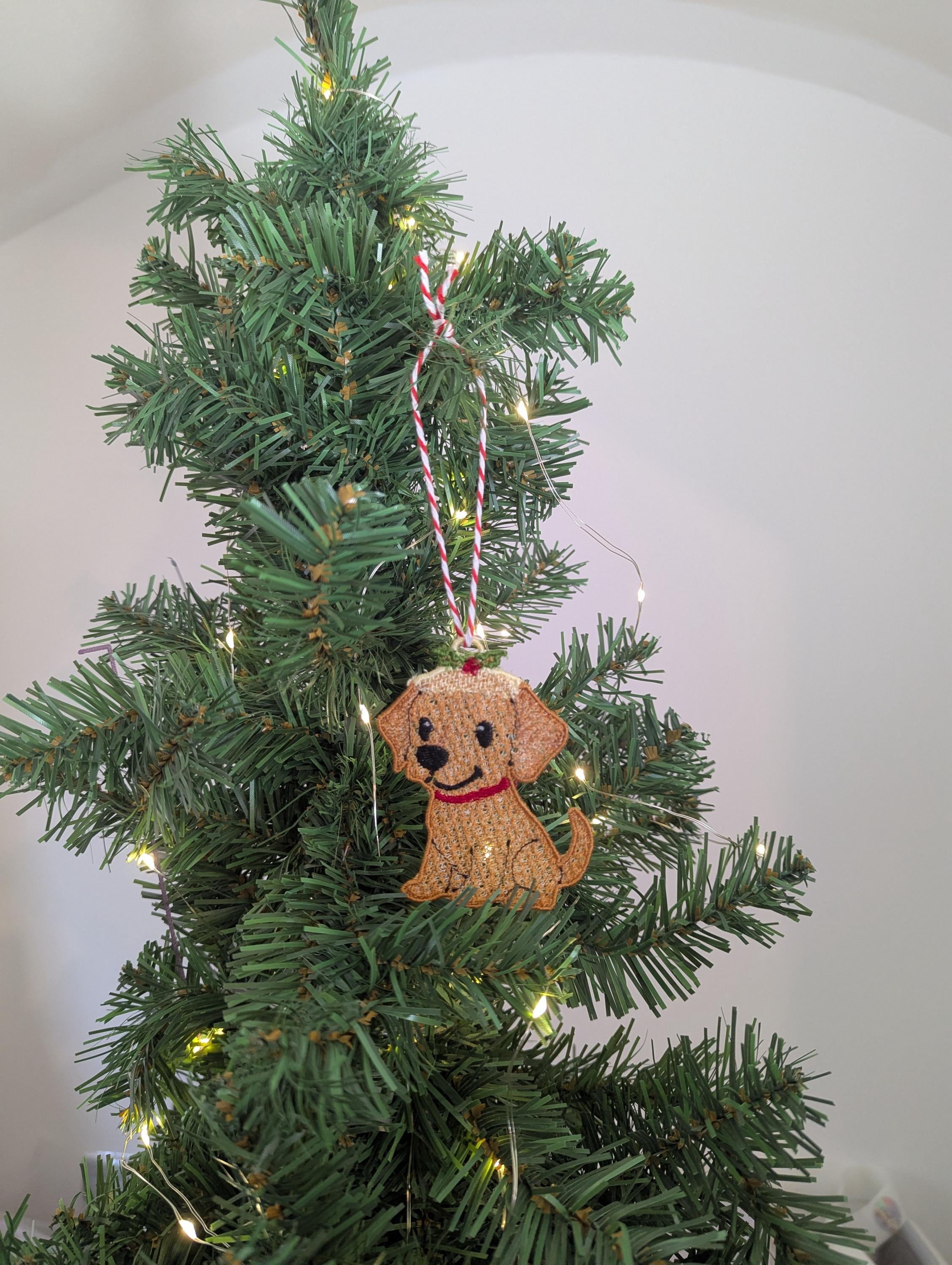 Embroidered hanging Labrador Christmas decorations, machine embroidery