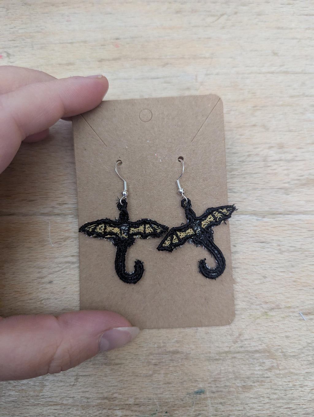 Dragon earrings, machine embroidered gift for women girls,  present jewellery drop dangle earrings
