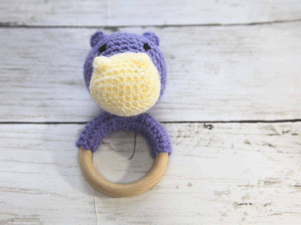 Crochet Hippo Teething Ring: Wooden Rattle, Newborn Gift