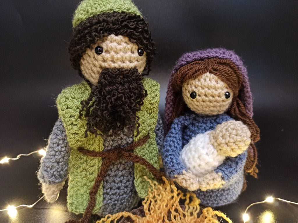 Handmade Crochet Nativity Set: Mary, Joseph, Jesus, Manger