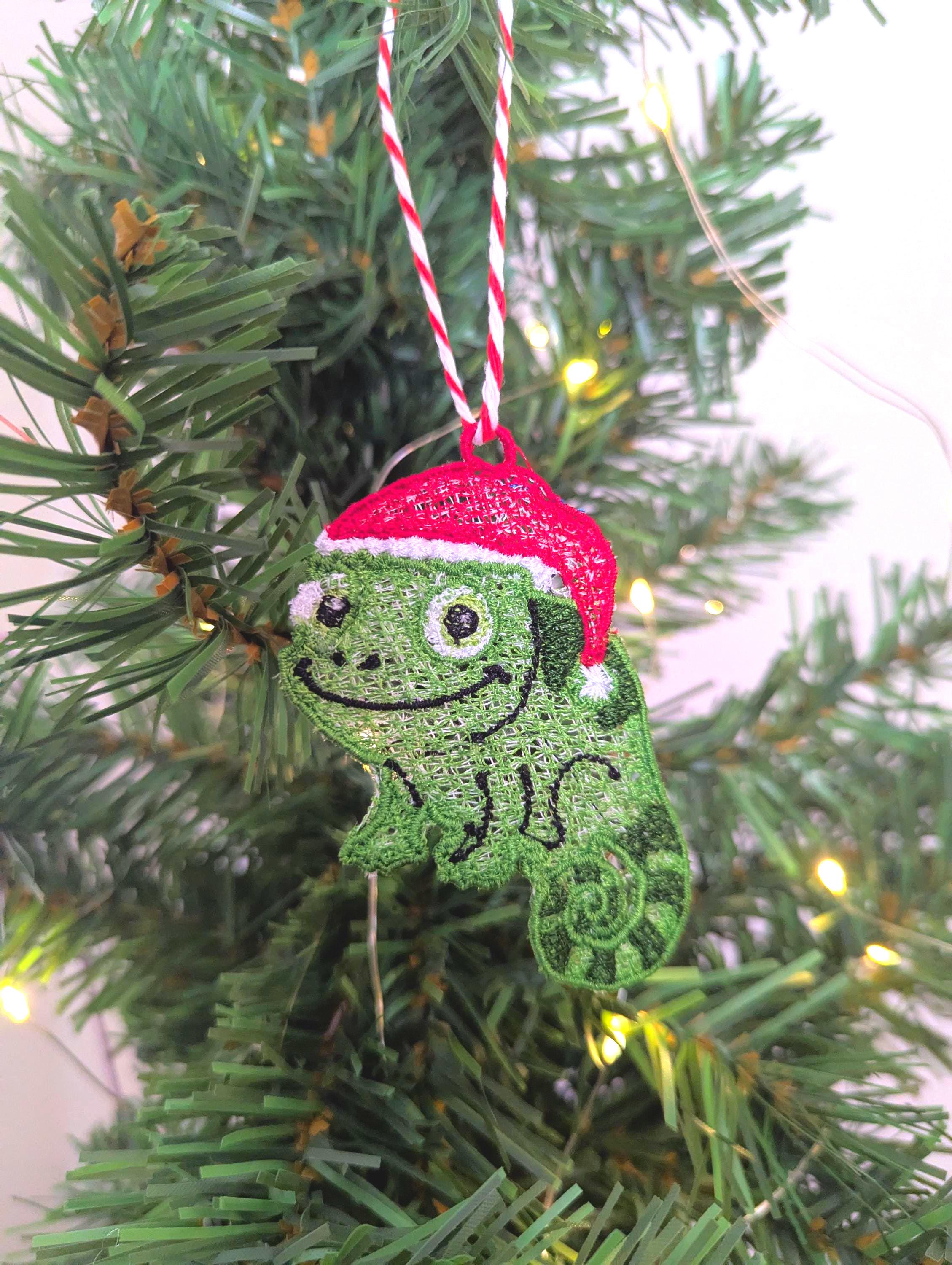 Embroidered hanging Chameleon for the christmas tree, fun playful decoration