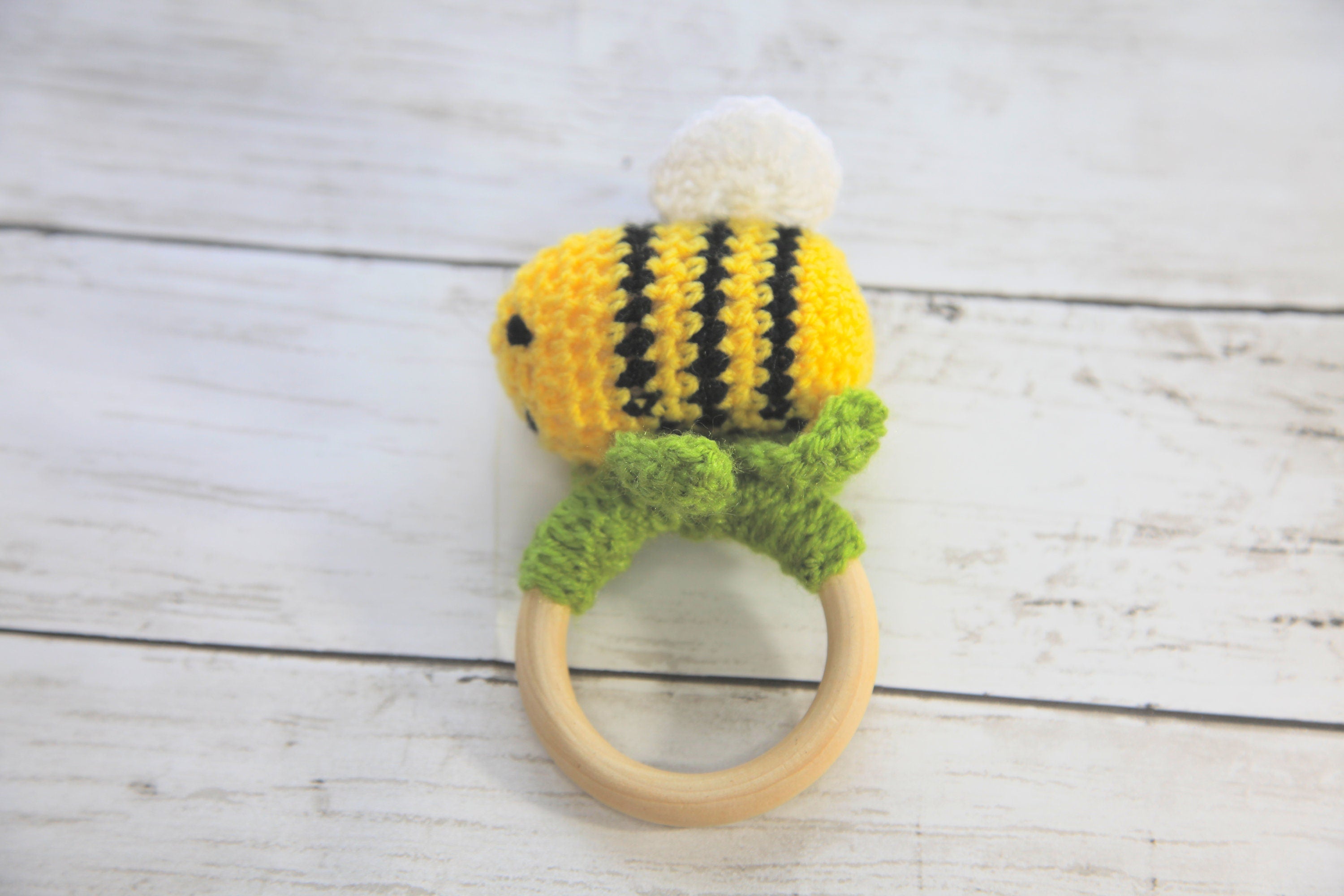 Crochet Bumblebee Wooden Teething Ring, Baby Shower Gift