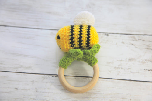 Crochet Bumblebee Wooden Teething Ring, Baby Shower Gift