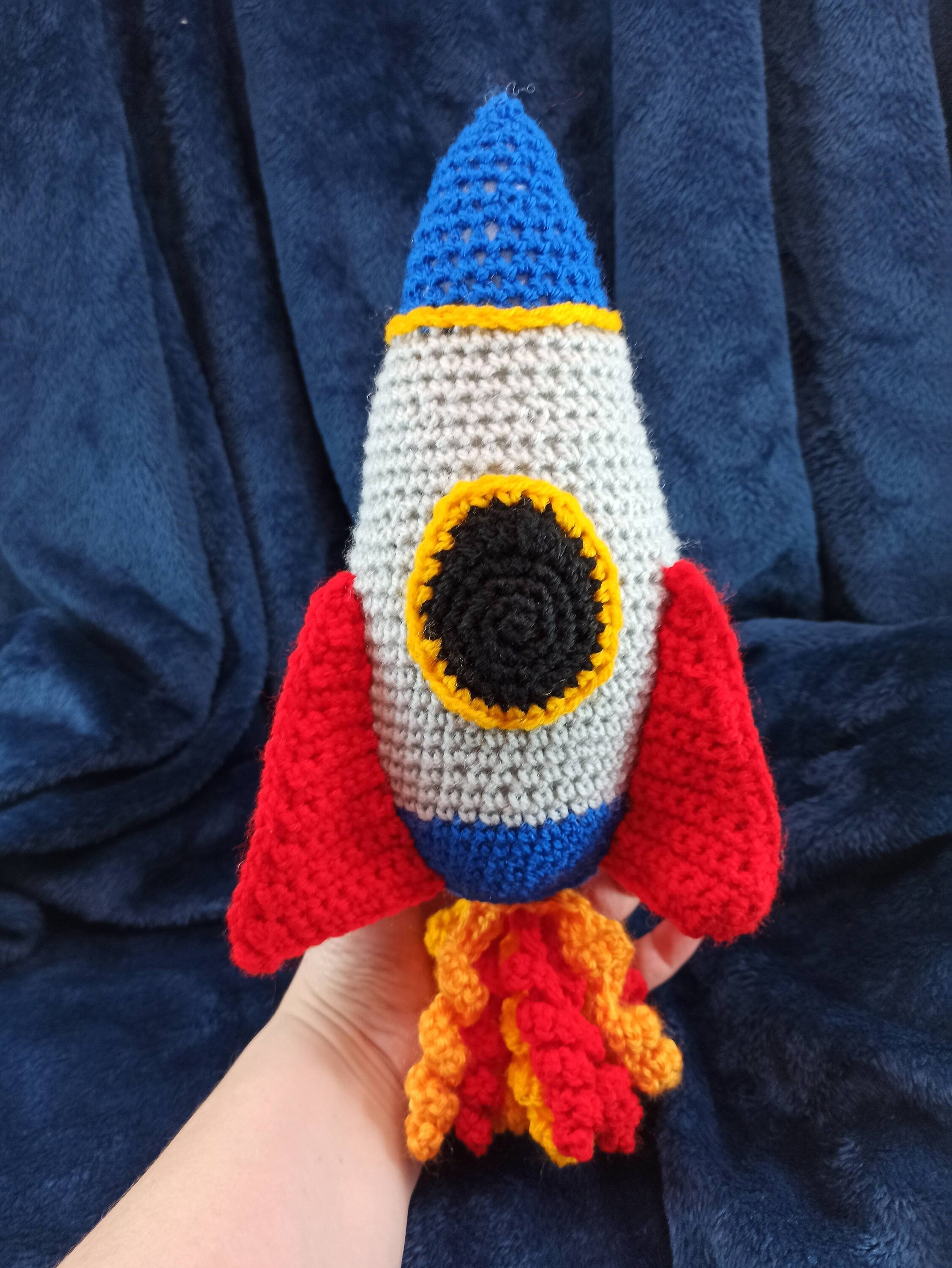 Cuddly Rocket crochet soft plush toy, plushies outer space, spacecraft, space planets moon stars