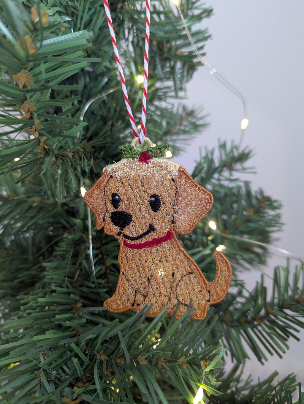 Embroidered hanging Labrador Christmas decorations, machine embroidery